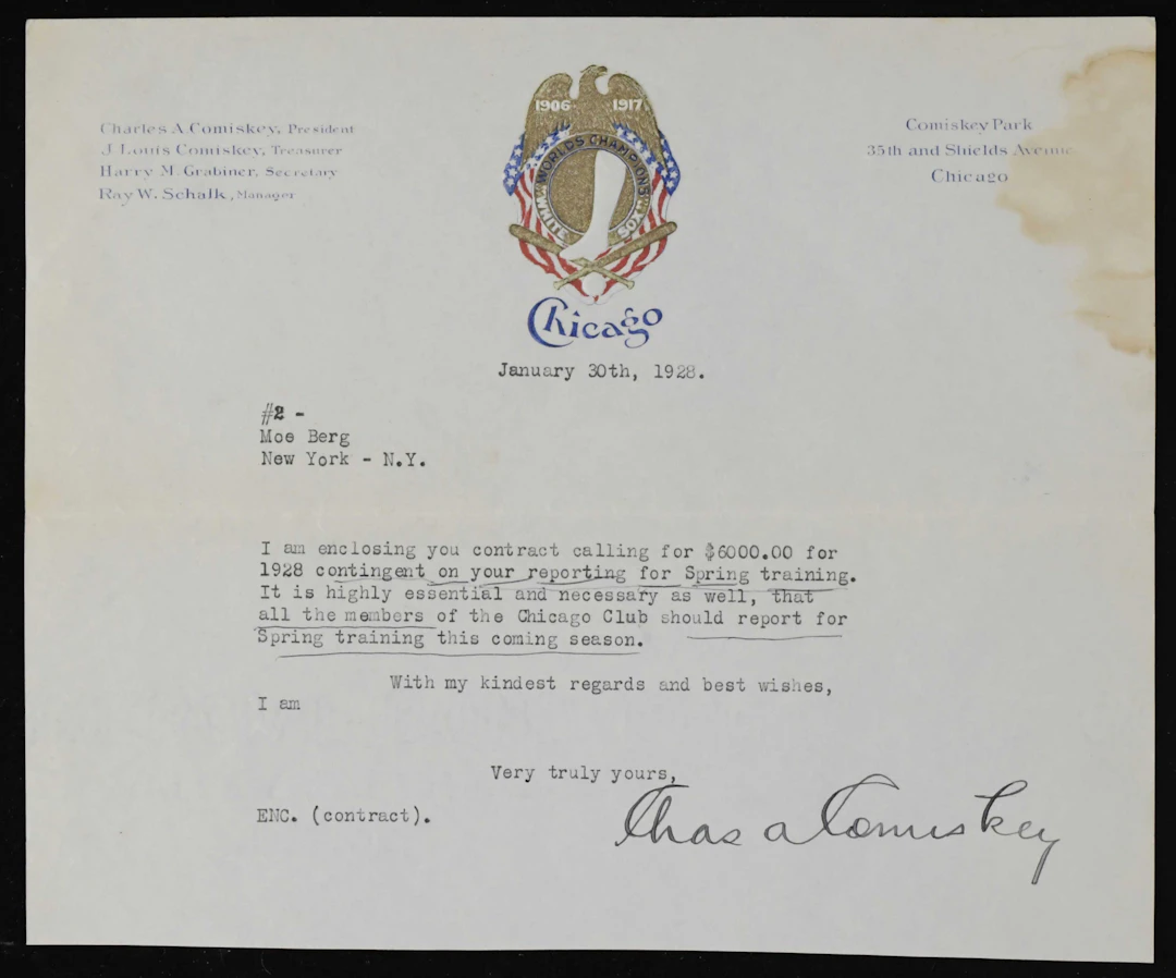 1928 Moe Berg Chicago White Sox contract related letter...
