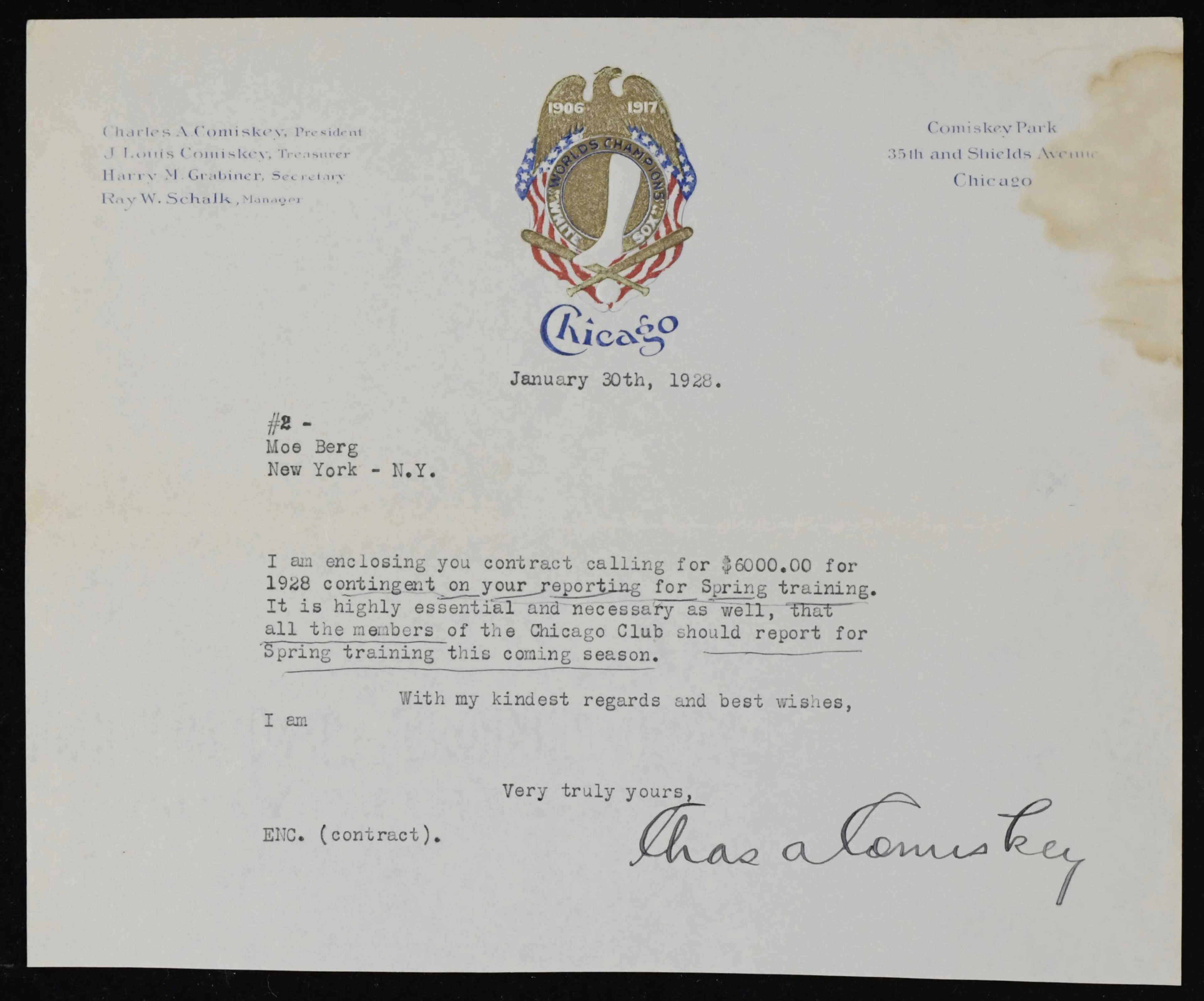 1928 Moe Berg Chicago White Sox contract related letter...