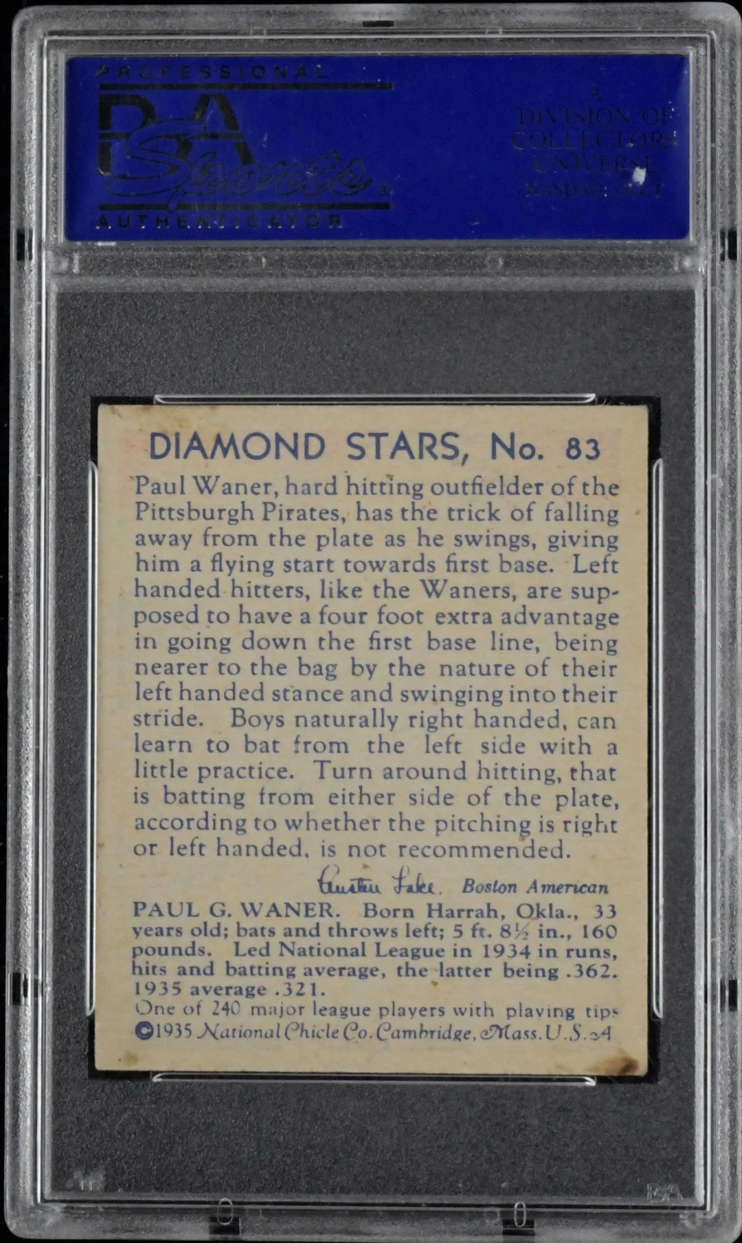 "1934-36 Diamond Stars #83 Paul Waner blue back (PSA 6 EX/MT)