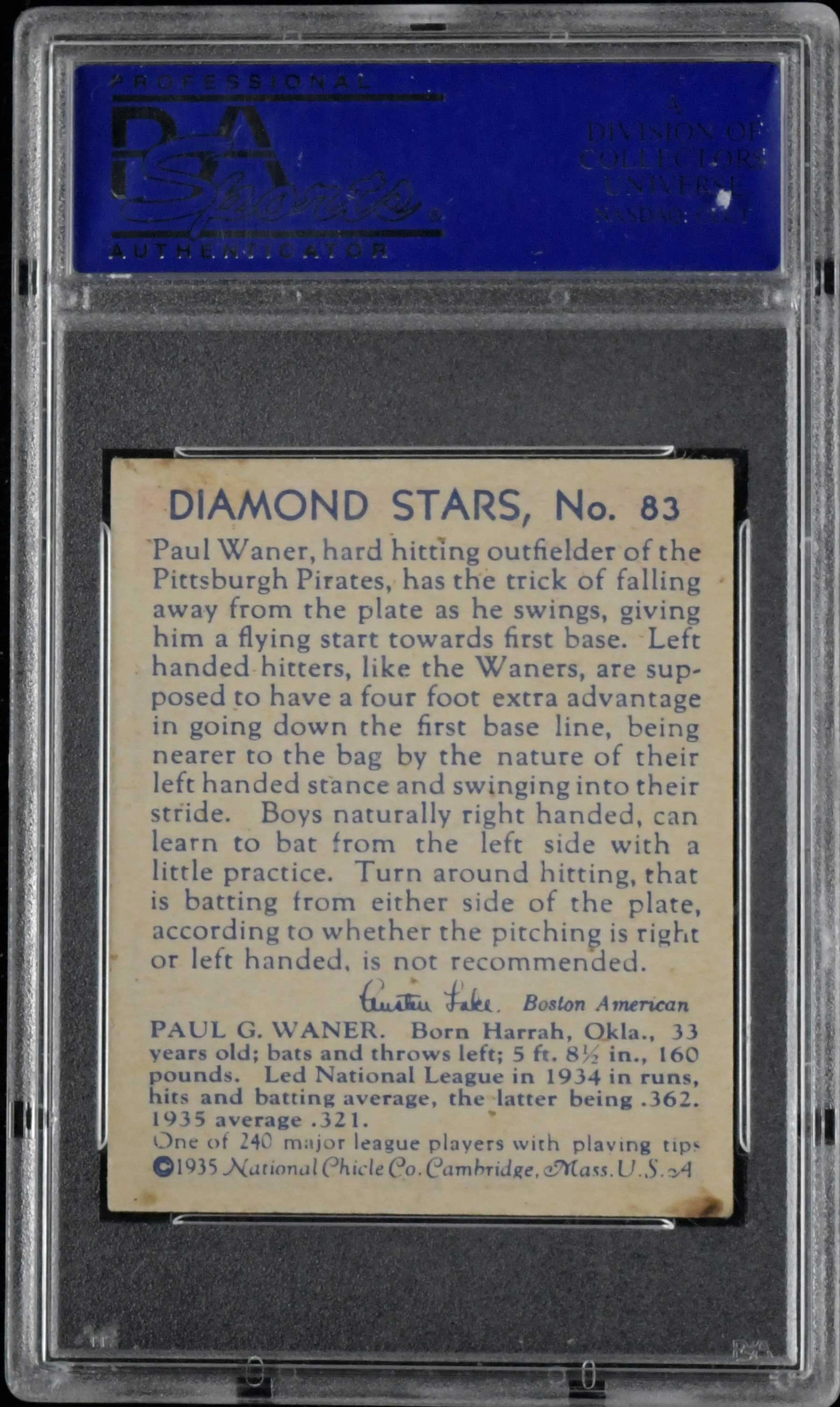 "1934-36 Diamond Stars #83 Paul Waner blue back (PSA 6 EX/MT)