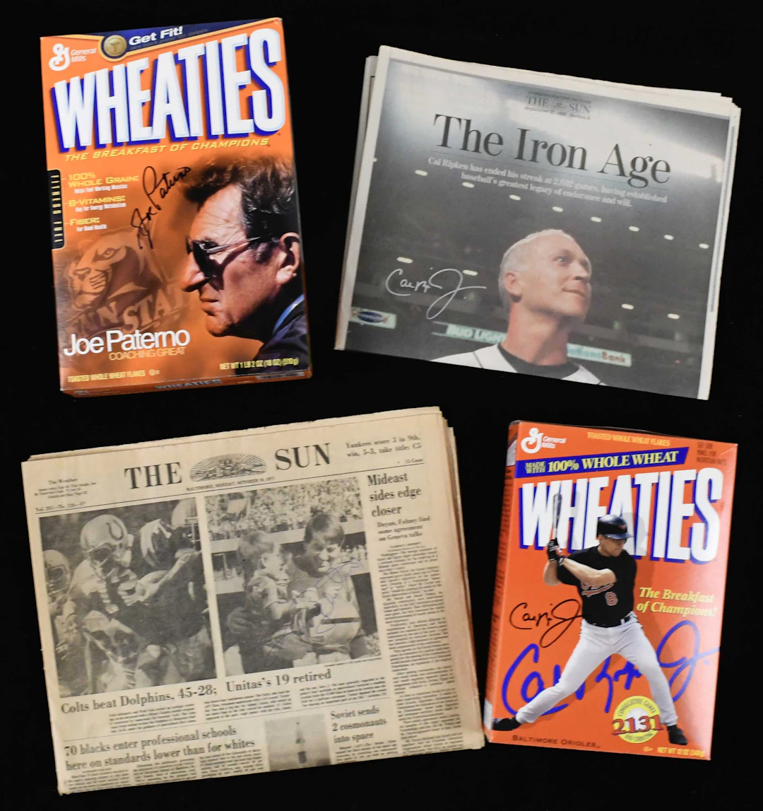"Lot of (6) autographed newspapers and Wheaties boxes