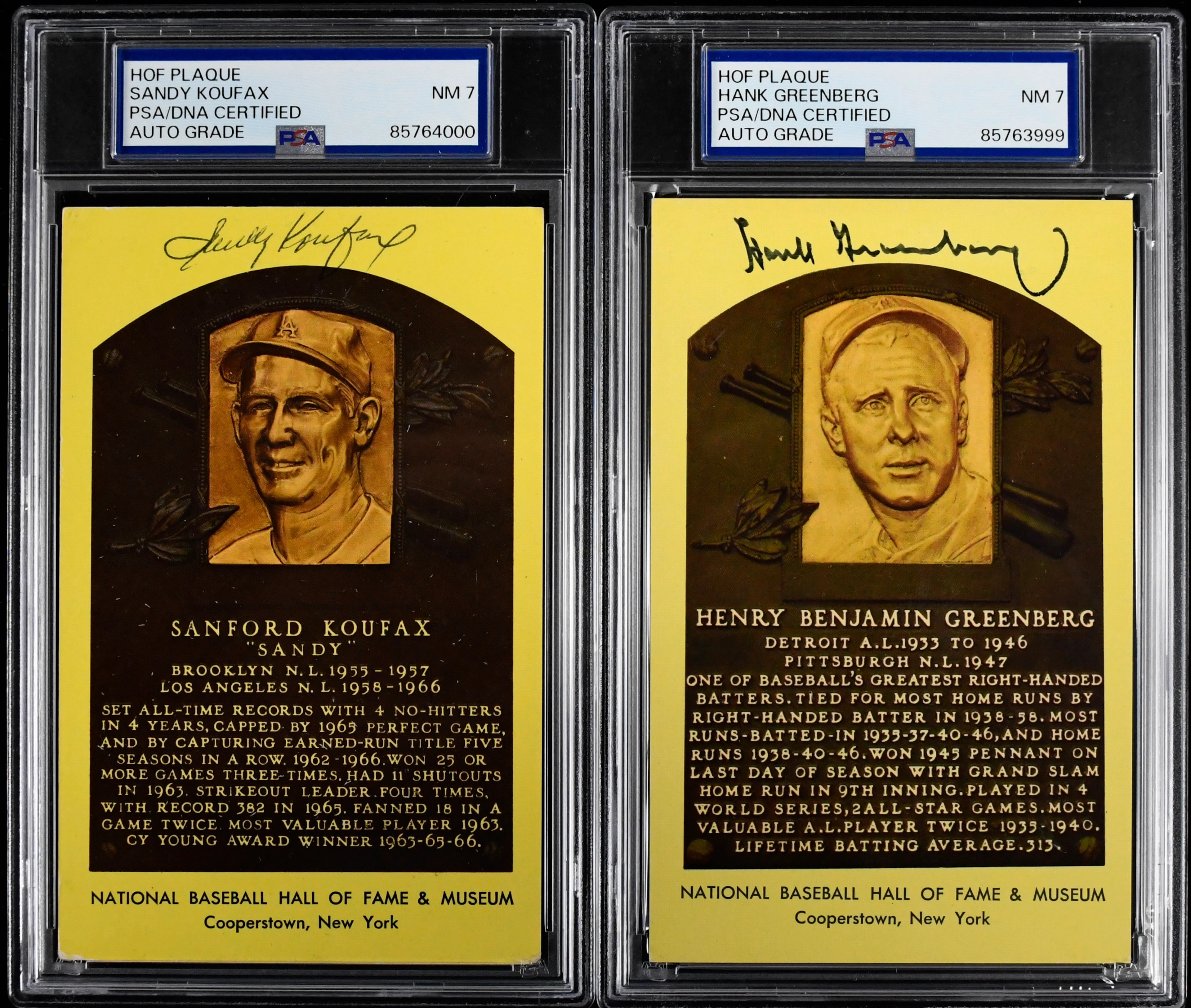 Sandy Koufax and Hank Greenberg autographed yellow Hall...