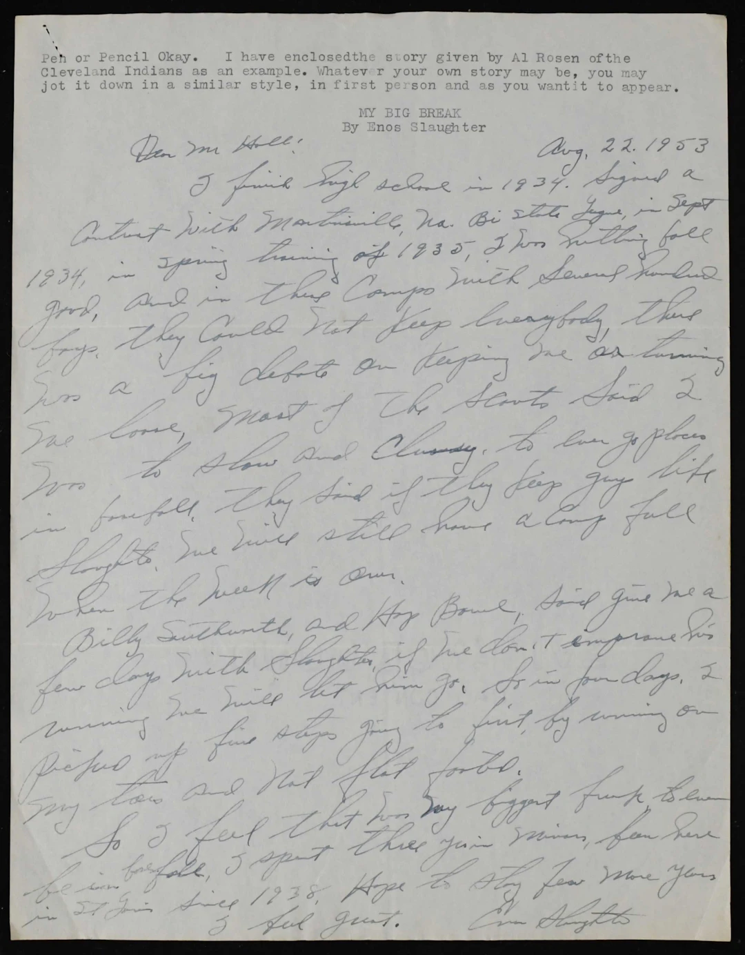 "1953 Enos Slaughter handwritten and signed account of...