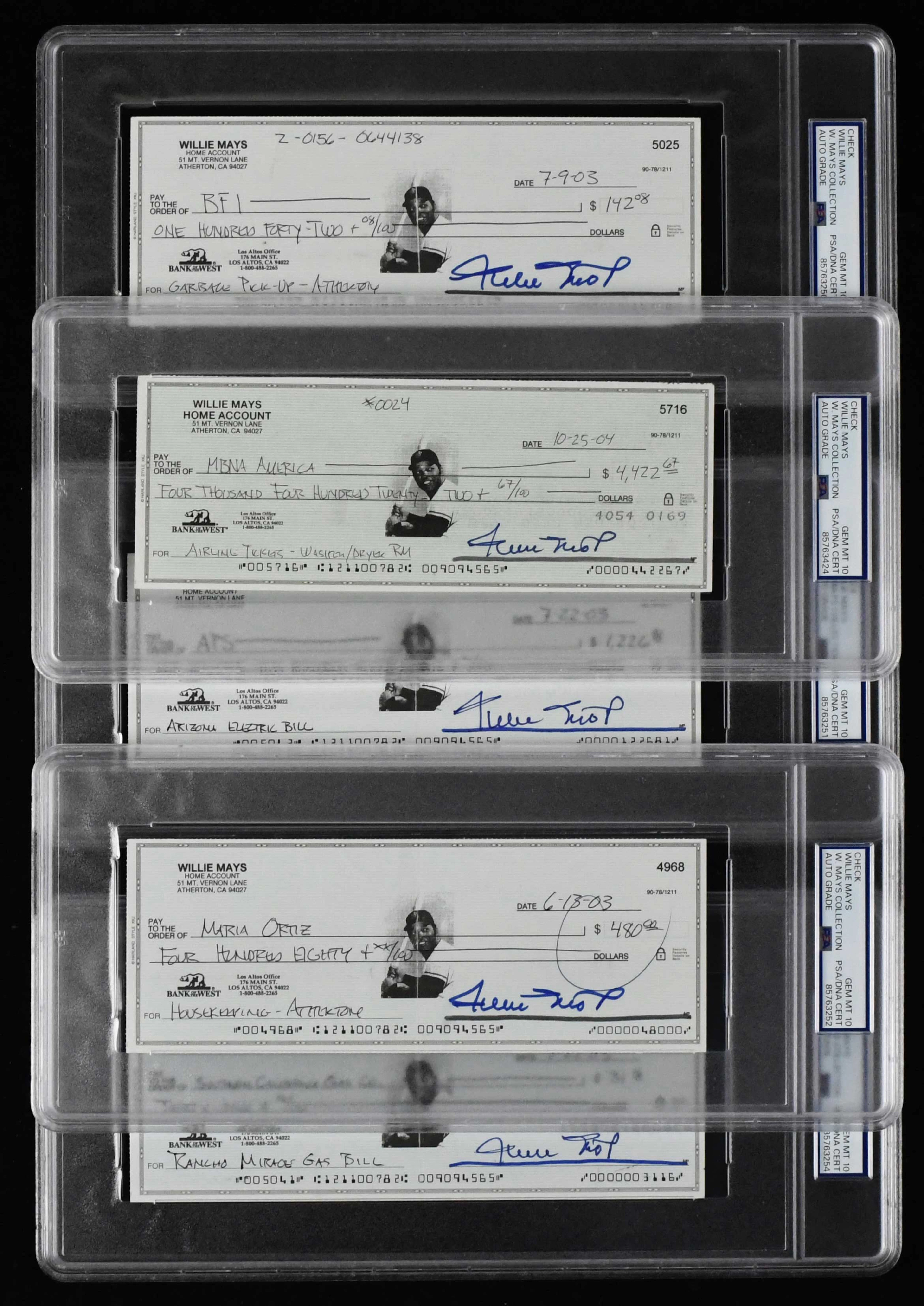 "Lot of (5) Willie Mays autographed checks (PSA/DNA Gem Mint 10)