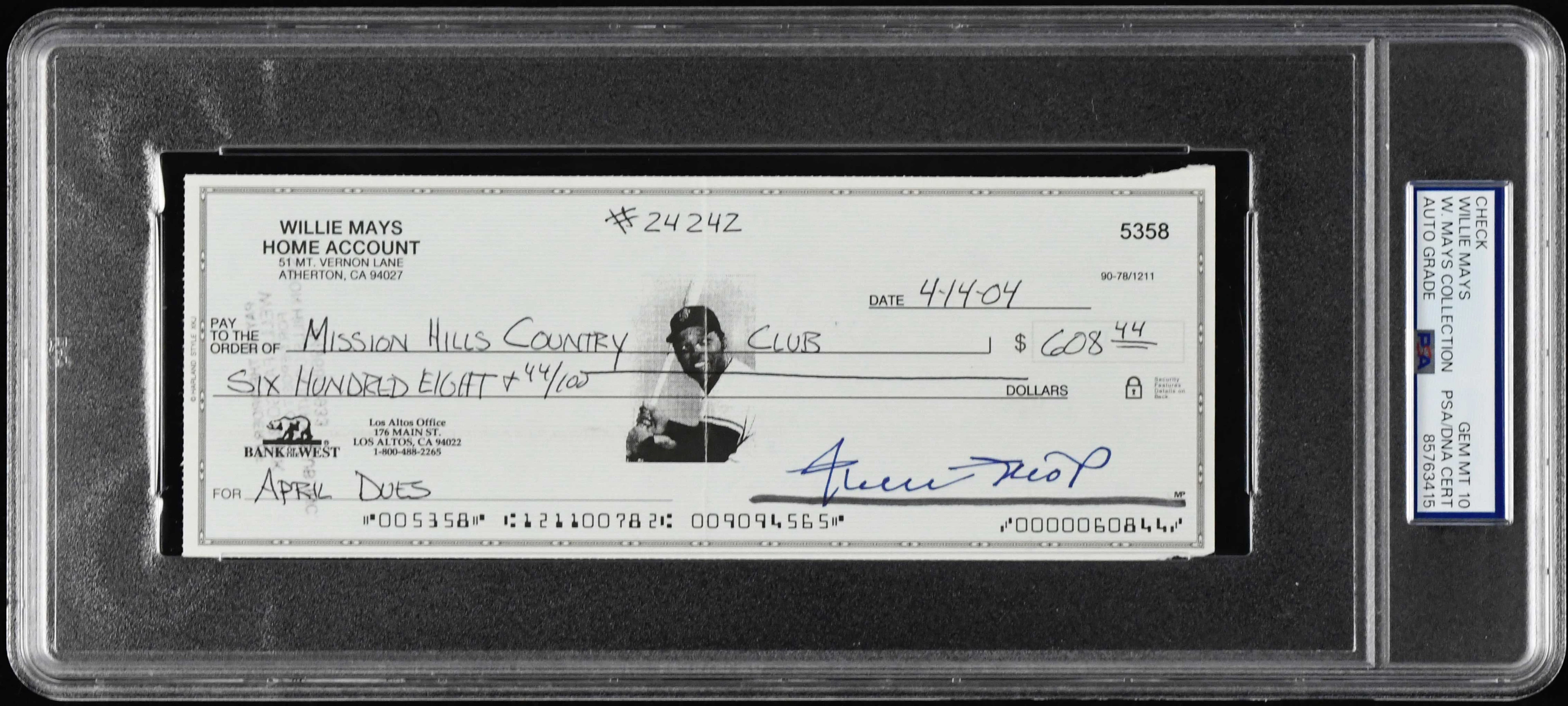 "Willie Mays autographed check (PSA/DNA Gem Mint 10)...