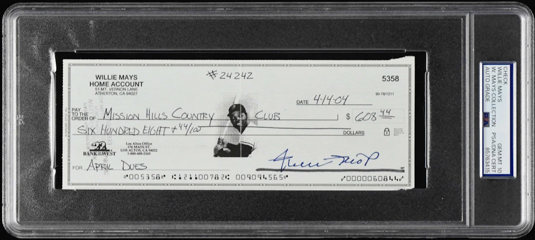 "Willie Mays autographed check (PSA/DNA Gem Mint 10)...