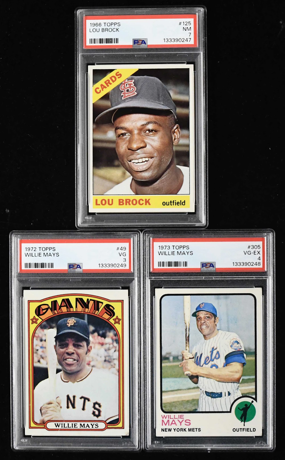 Lot of (3) PSA-graded 1966-1973 Lou Brock and Willie Mays...