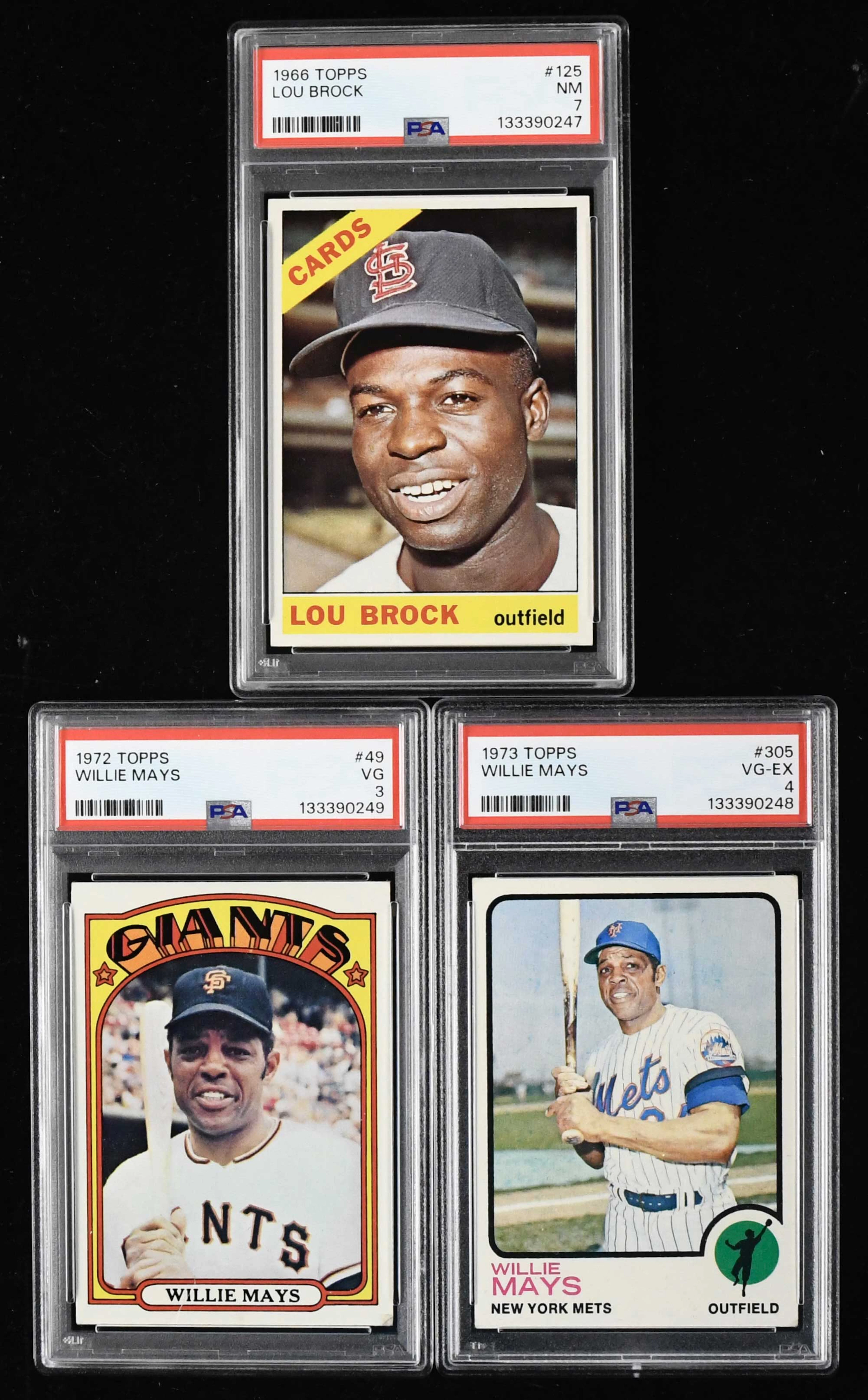 Lot of (3) PSA-graded 1966-1973 Lou Brock and Willie Mays...