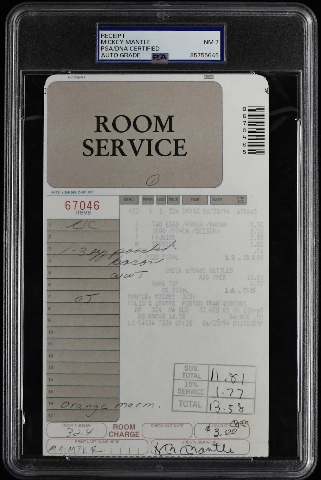 "Mickey Mantle autographed and initialed 1994 hotel room...