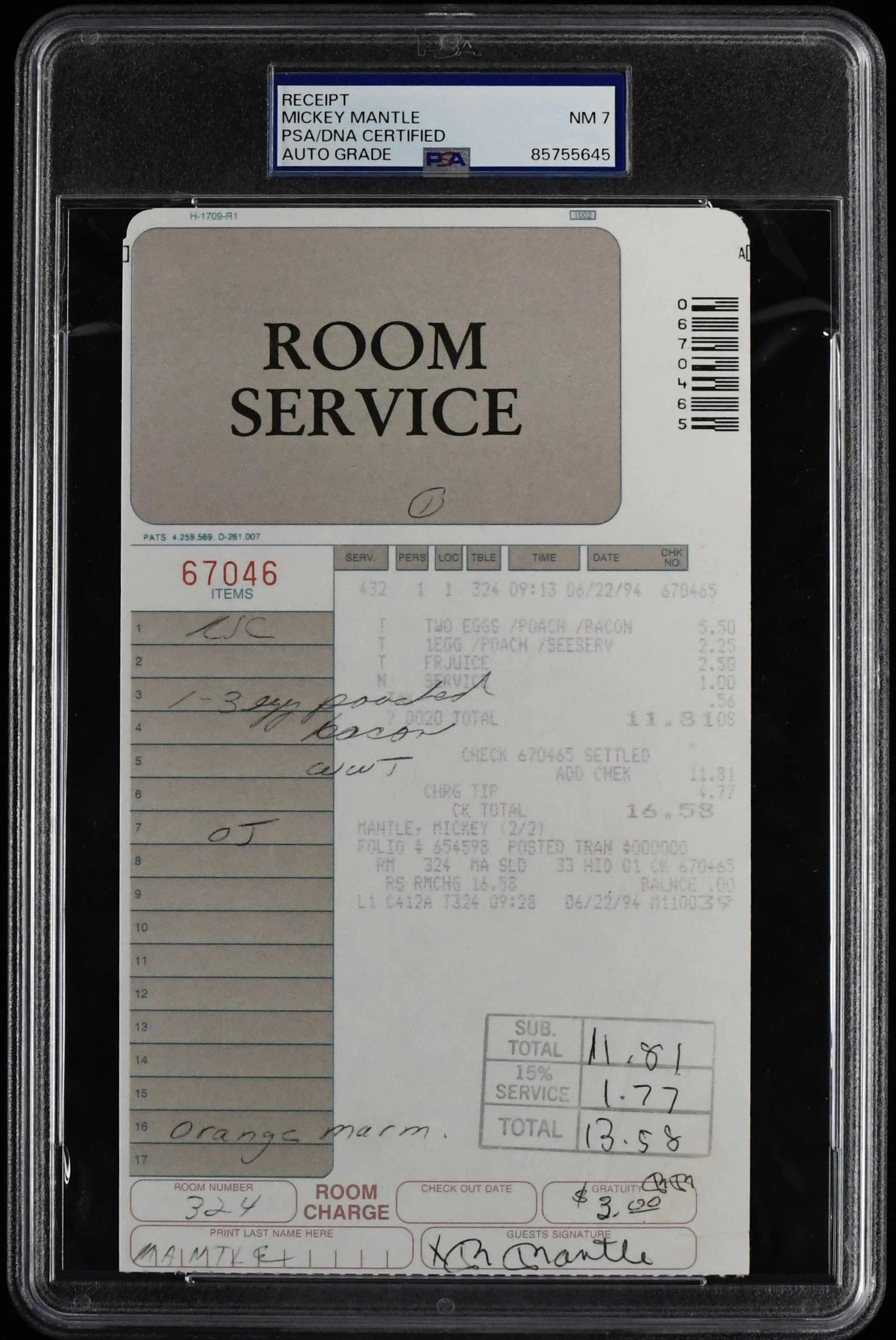 "Mickey Mantle autographed and initialed 1994 hotel room...