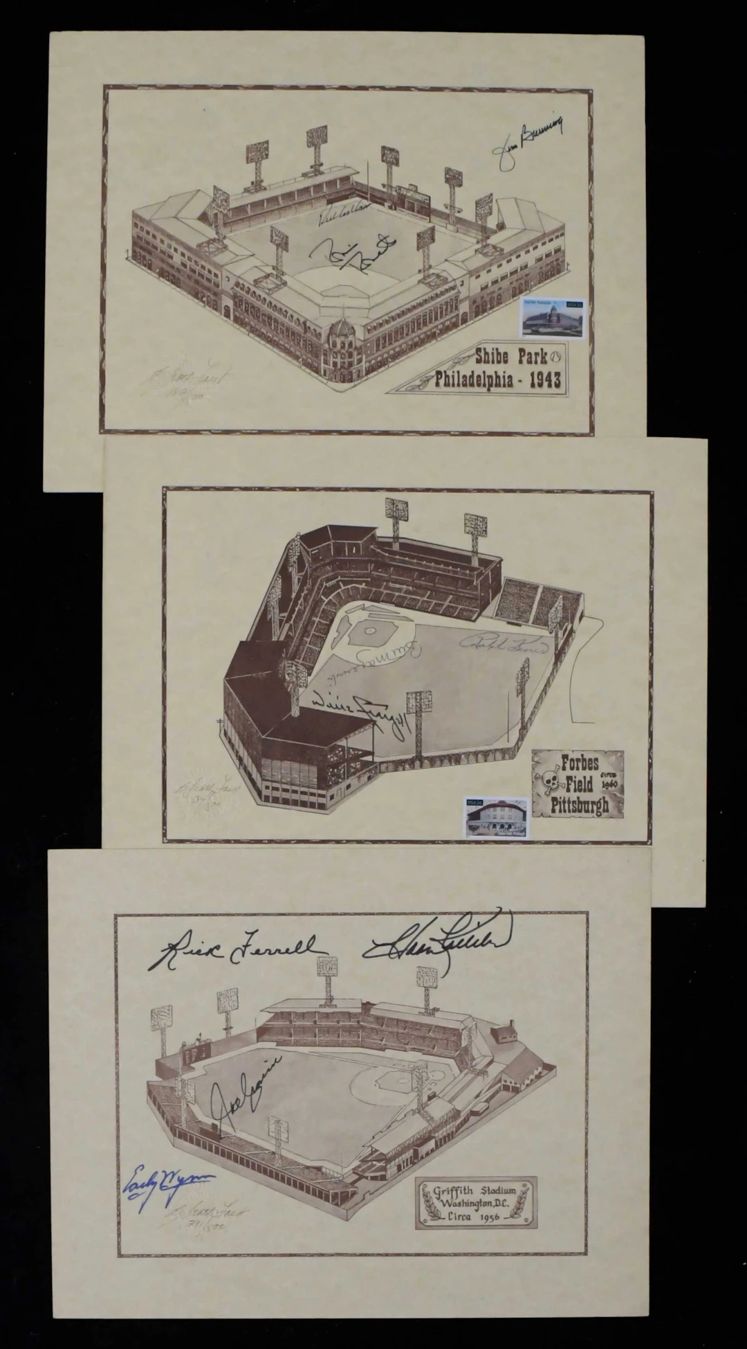"Lot of Baseball HOFers multi-signed limited edition stadium prints (EX/MT)