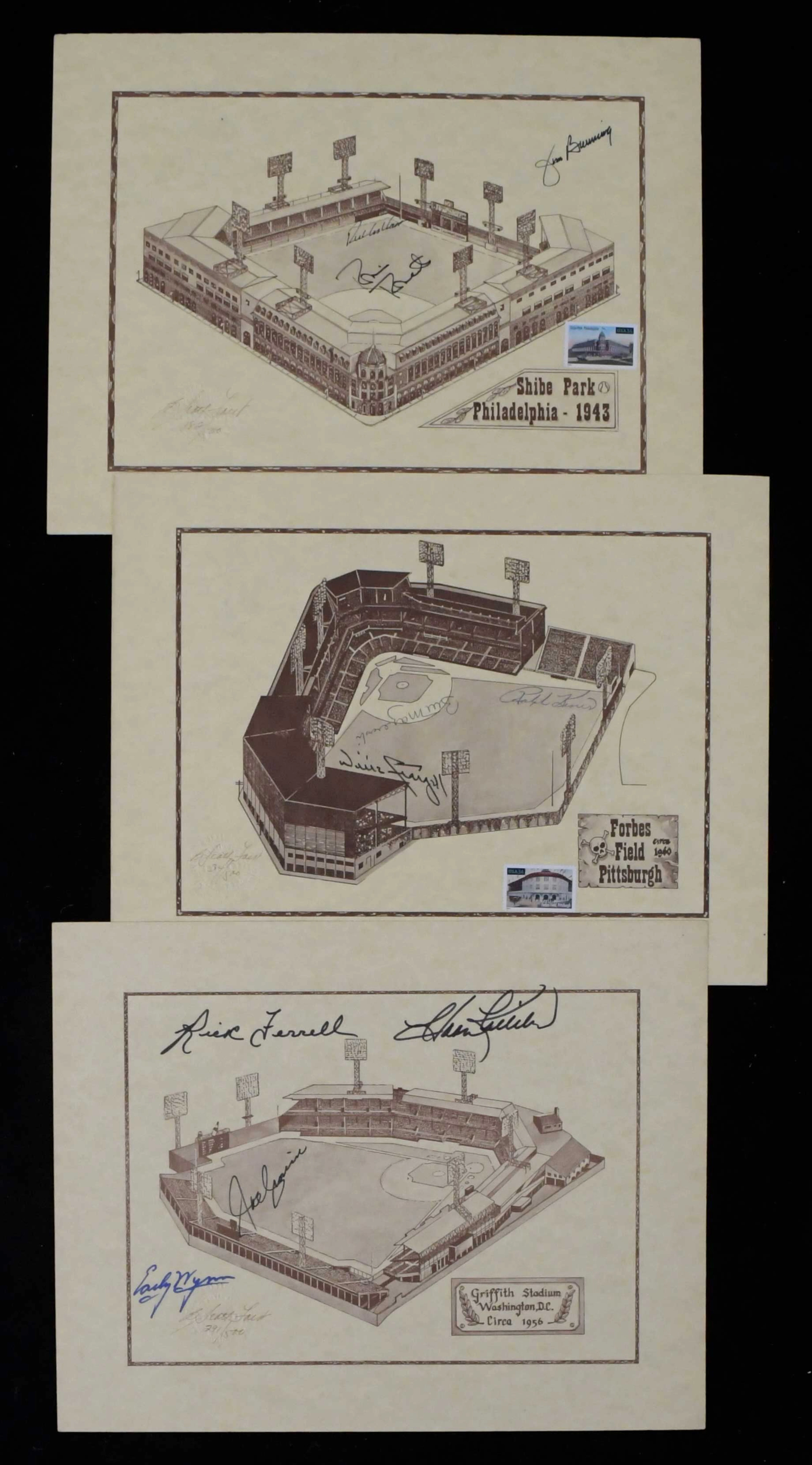 "Lot of Baseball HOFers multi-signed limited edition stadium prints (EX/MT)