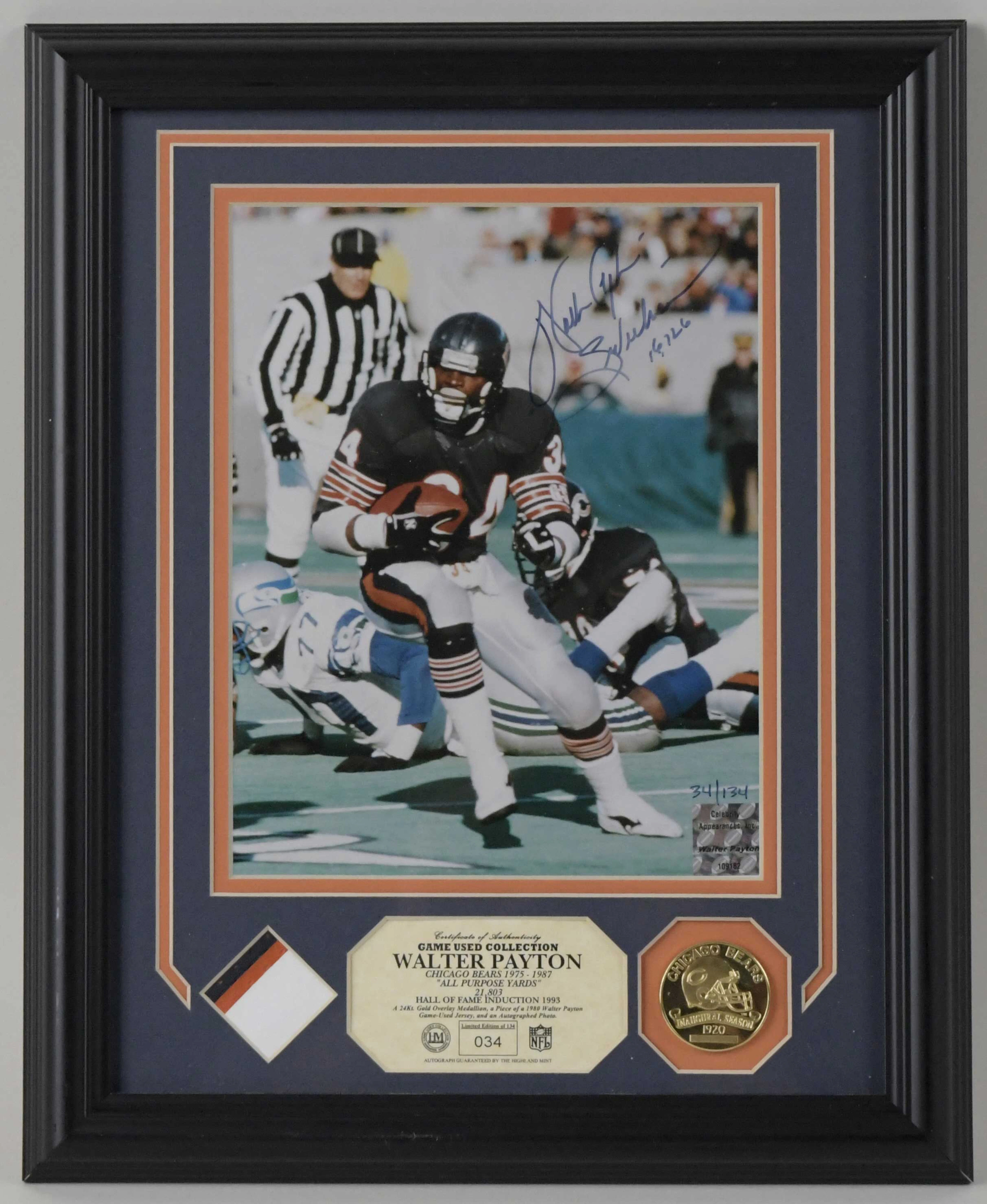 "Highland Mint Walter Payton autographed photo and jersey swatch display (Sig