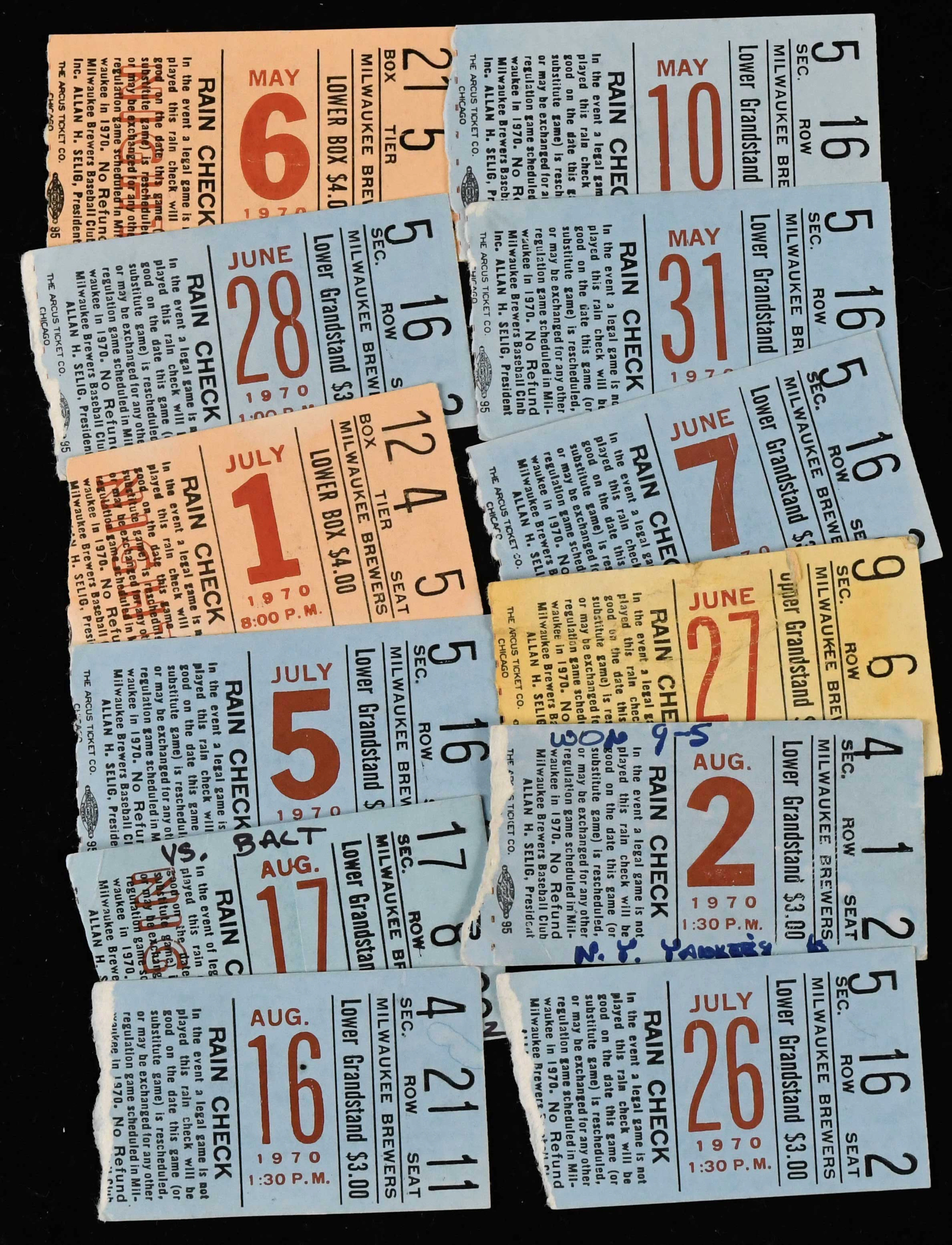 "Lot of (12) 1970 Milwaukee Brewers inaugural season ticket stubs (FR/GD-EX)