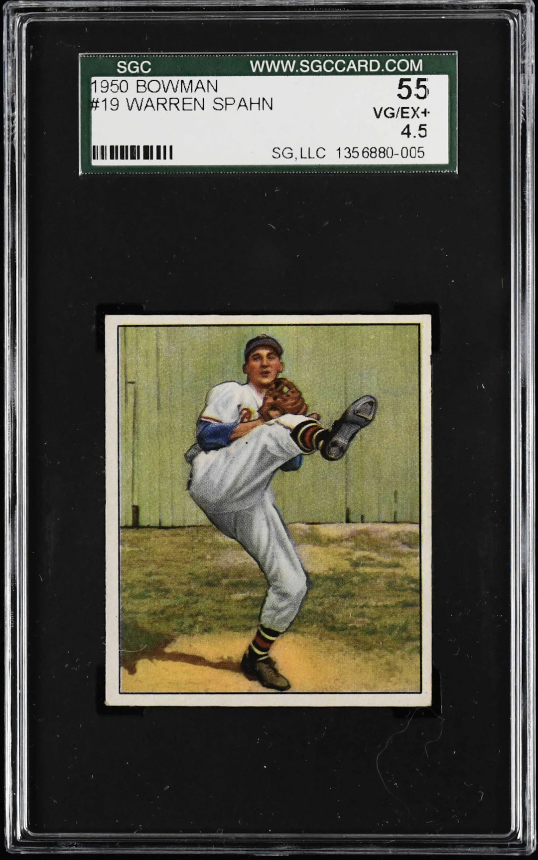 1950 Bowman #19 Warren Spahn (SGC 4.5 VG/EX+)