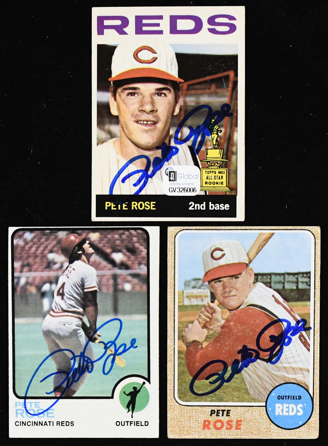 Lot of (3) Pete Rose autographed 1964-1973 Topps cards...