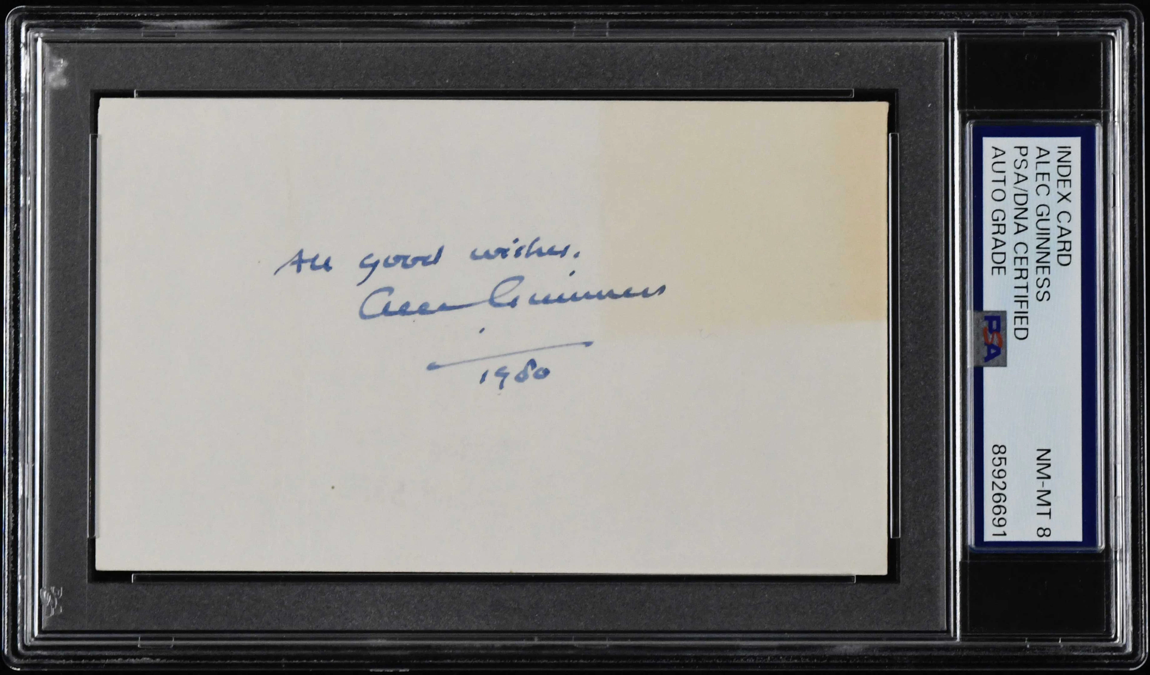 Alec Guinness autographed index card (PSA/DNA NM-MT 8)...