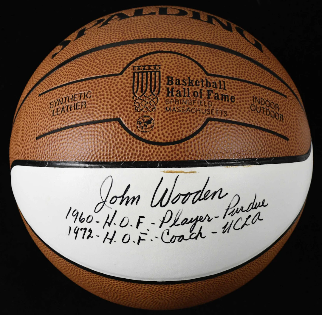 "John Wooden signed and inscribed Basketball Hall Of Fame logo ball (EX/MT)