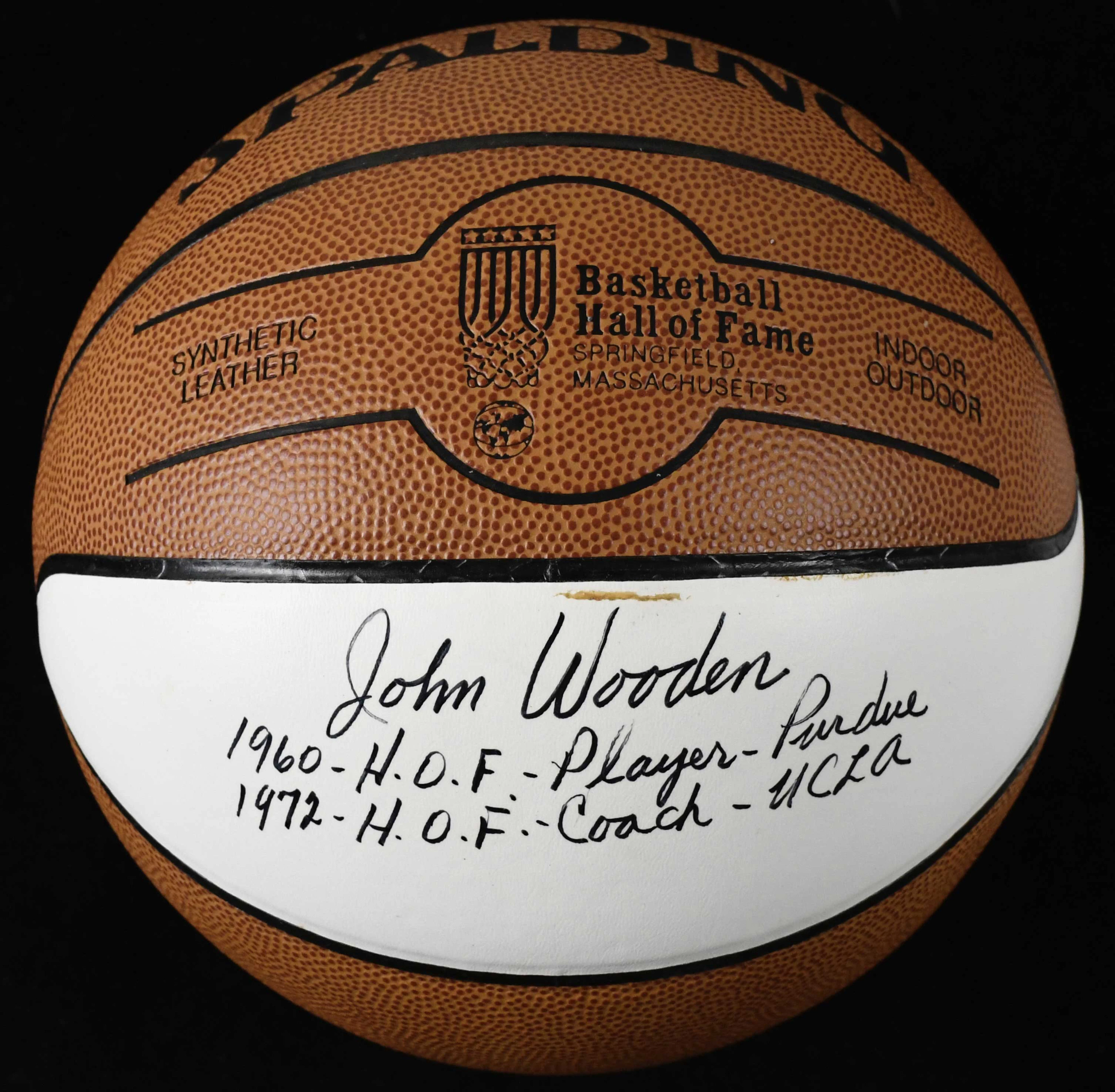 "John Wooden signed and inscribed Basketball Hall Of Fame logo ball (EX/MT)