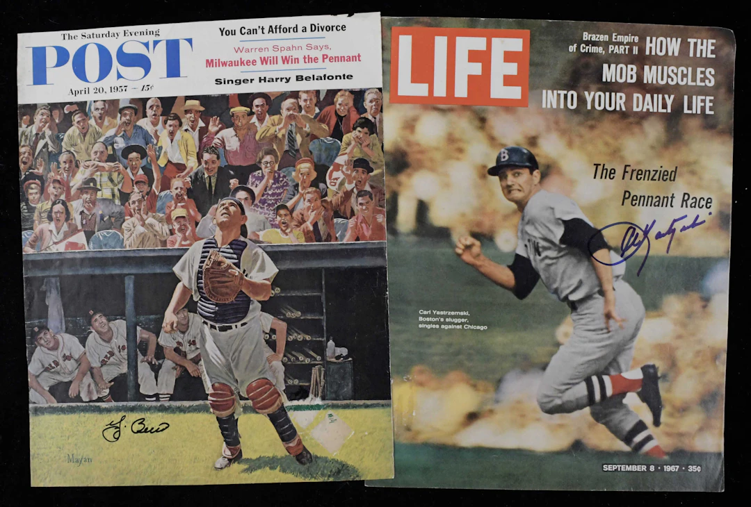 "Yogi Berra and Carl Yastrzemski signed magazine cover pages (EX)