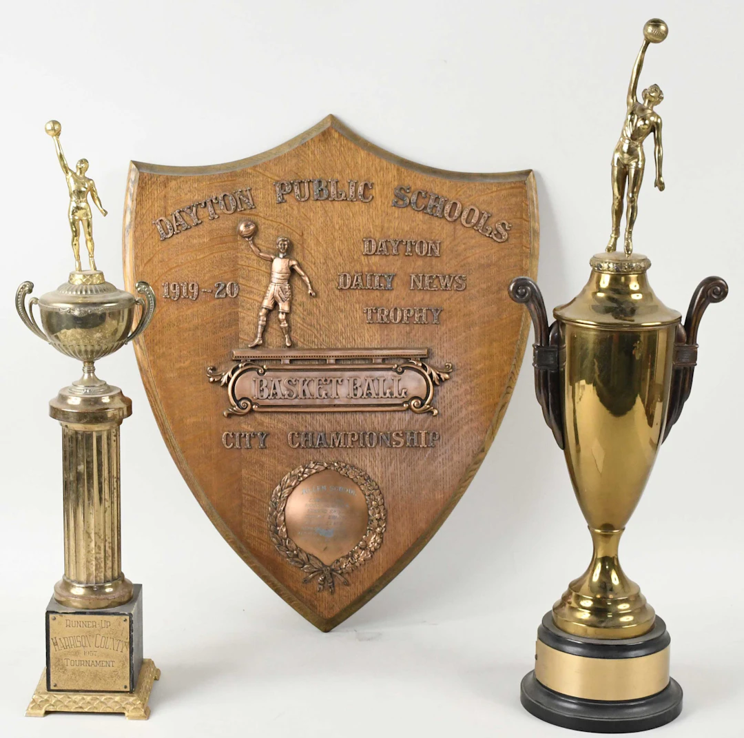 "Large basketball championship plaque and (2) basketball trophies (VG-EX)