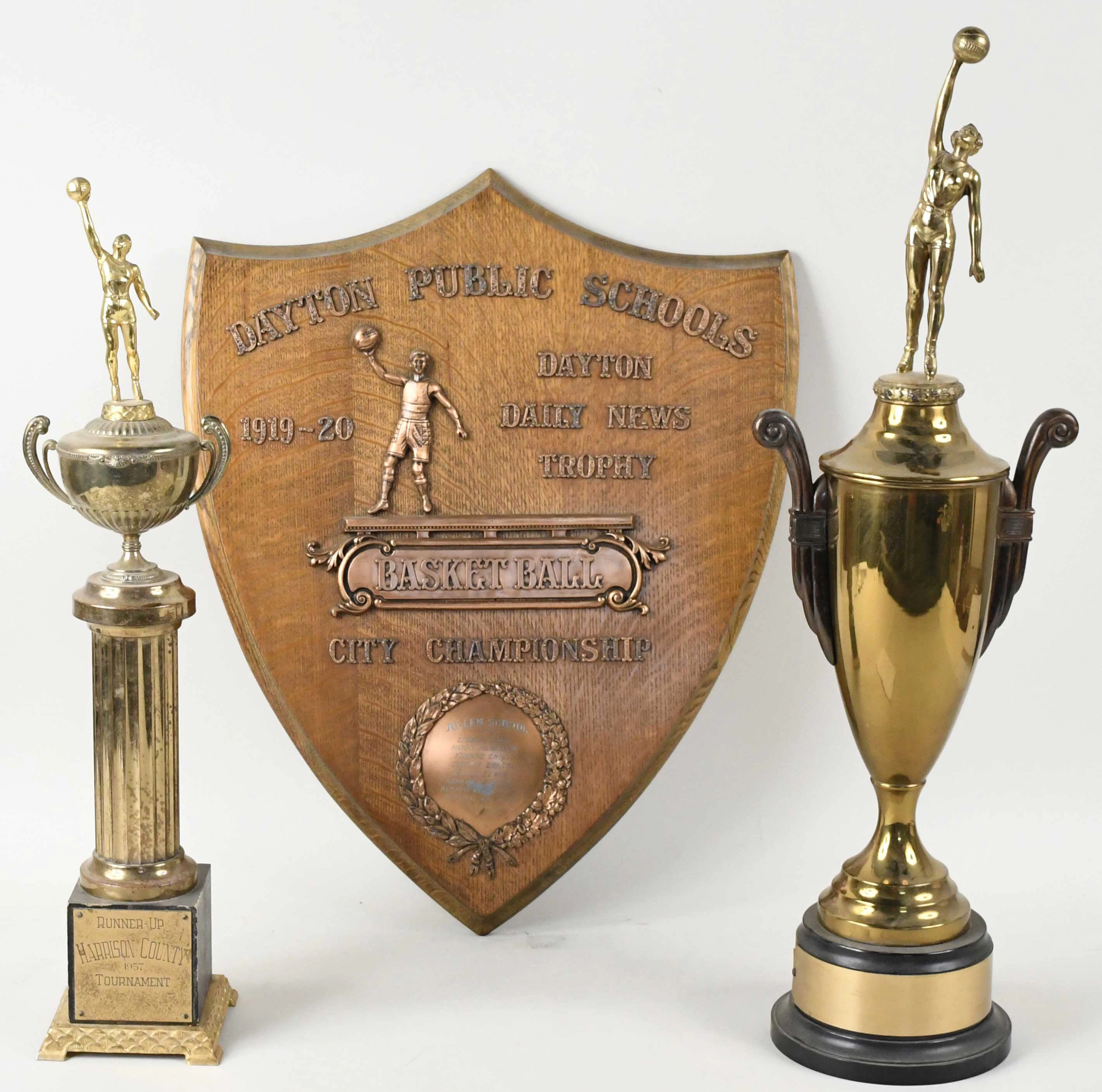 "Large basketball championship plaque and (2) basketball trophies (VG-EX)