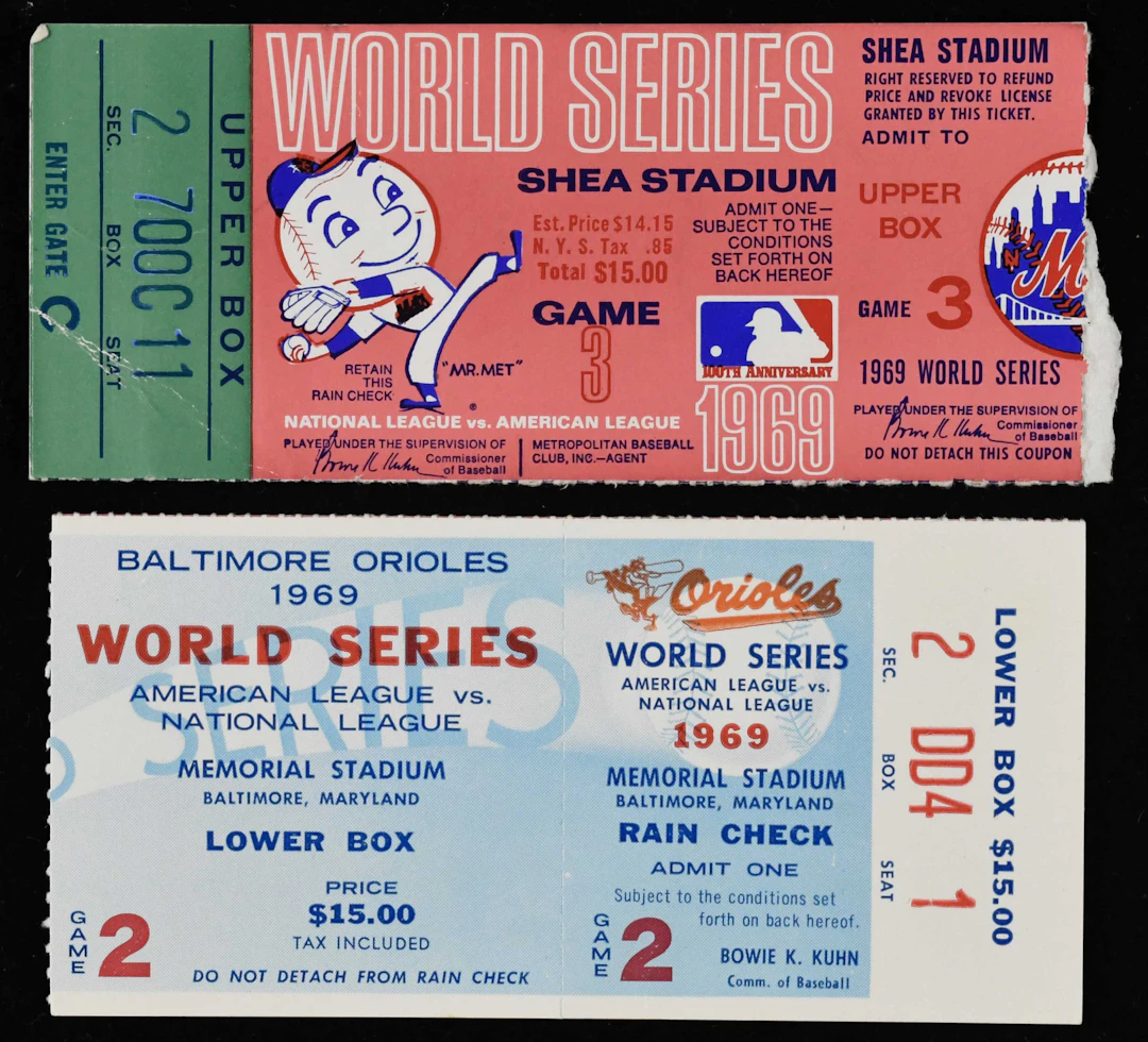 "1969 World Series Games 2 and 3 ticket stubs (GD-EX)