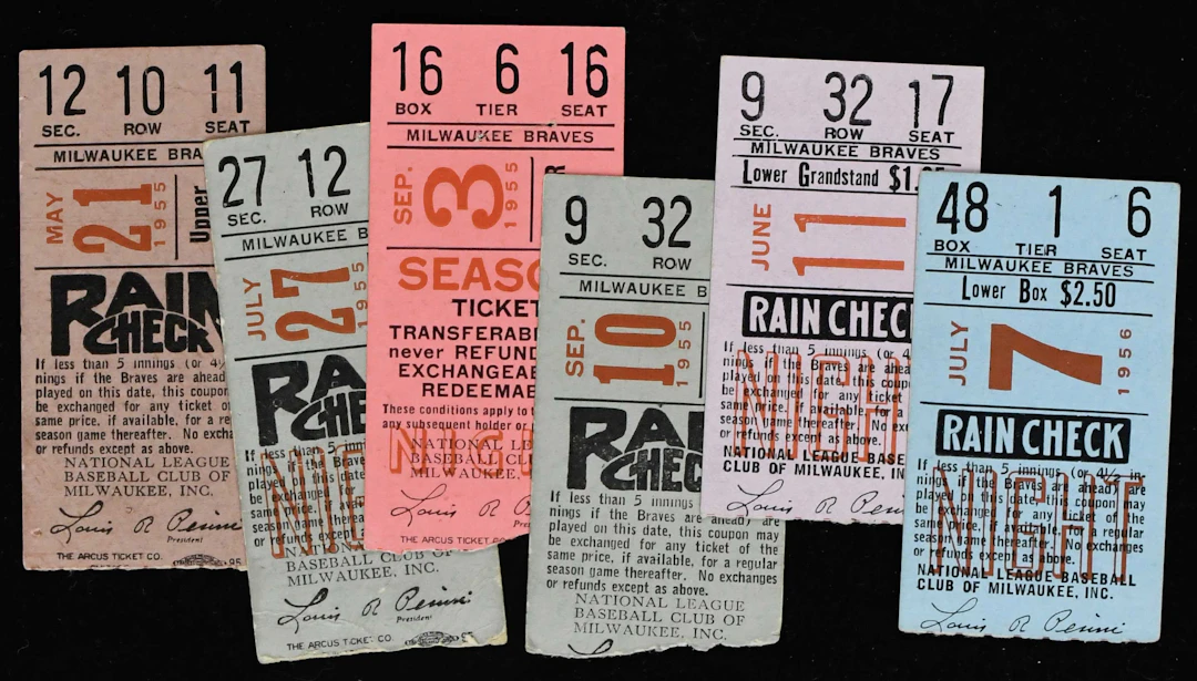 "Lot of (12) Milwaukee Braves ticket stubs from 1955-1956...