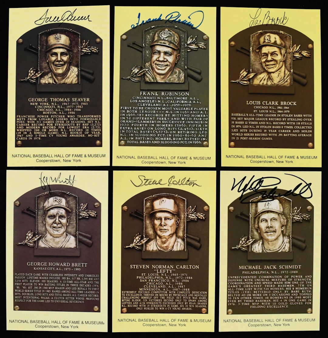 "Lot of (6) autographed yellow Hall of Fame postcards incl