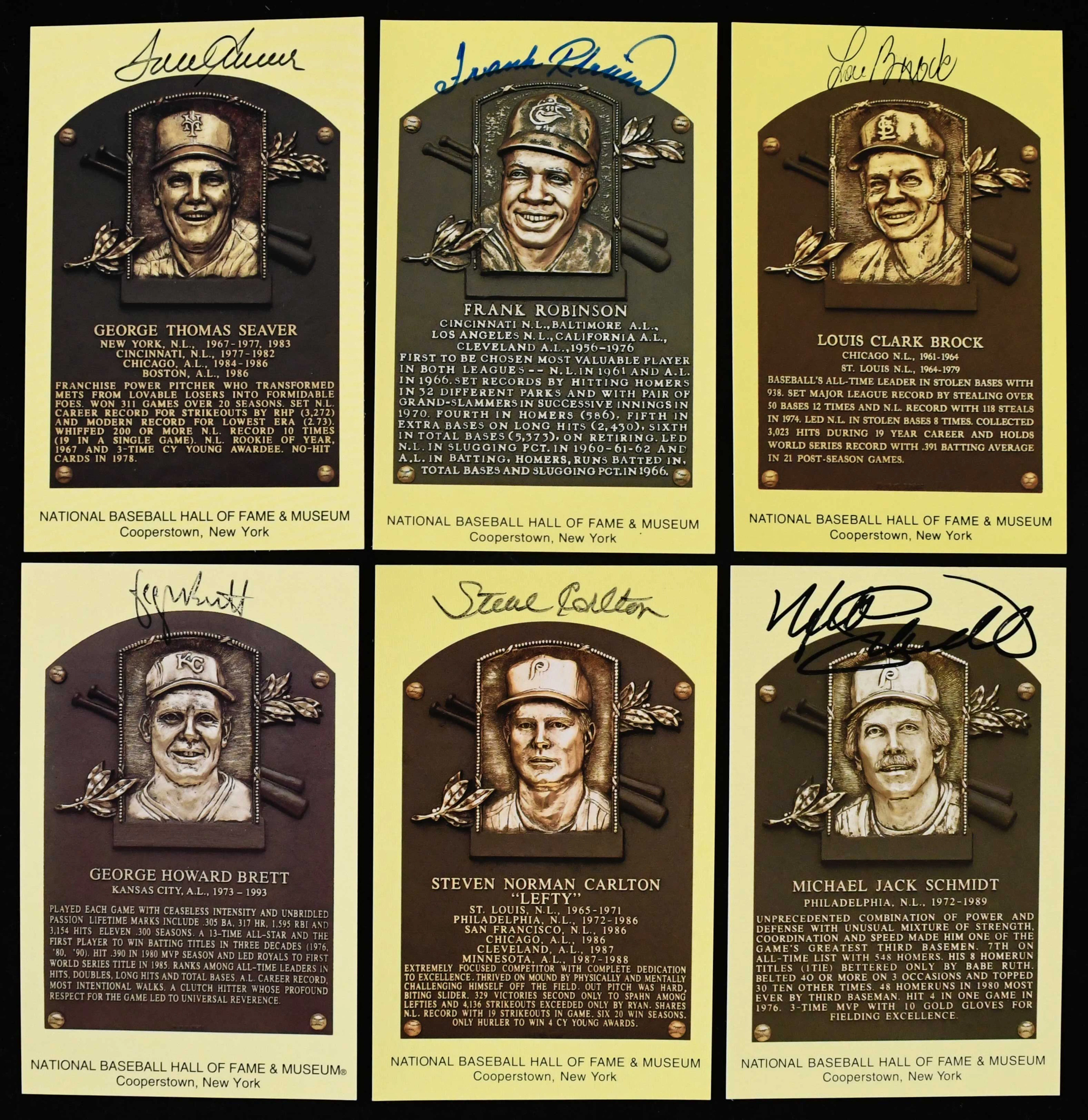 "Lot of (6) autographed yellow Hall of Fame postcards incl