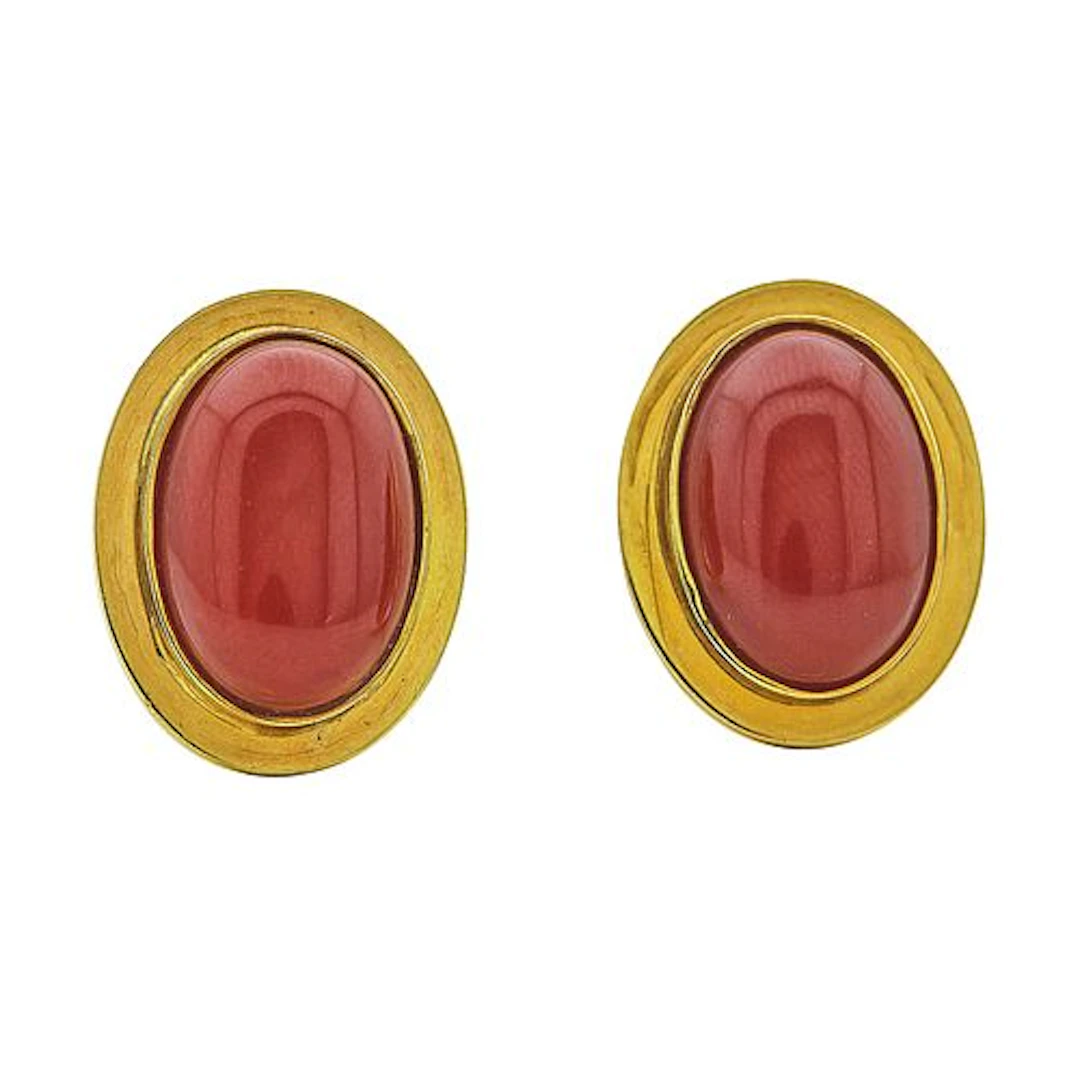 18K Yellow Gold and Coral Stone Earrings