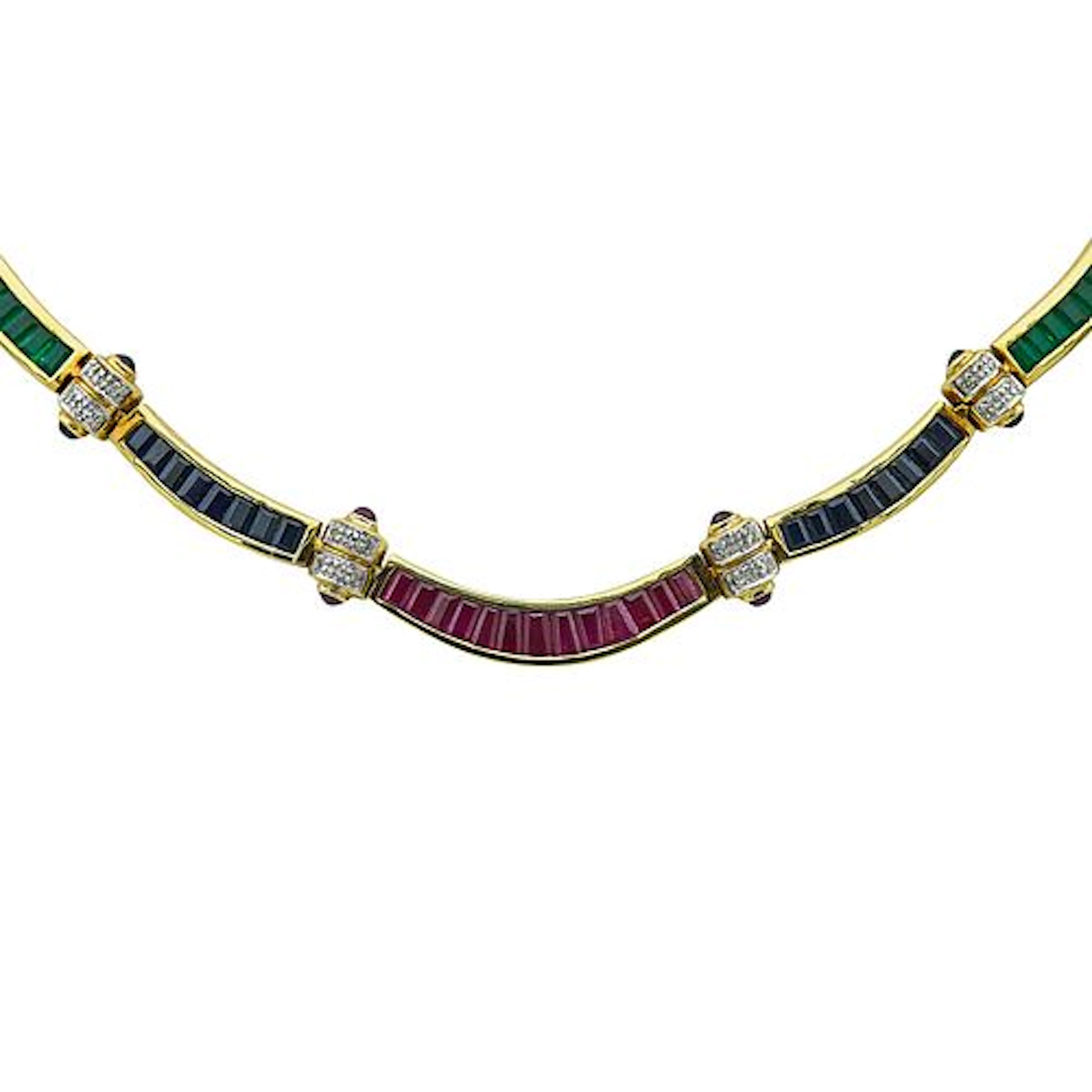 18K Yellow Gold, Sapphire, Emerald, and Ruby Link Collar Necklace