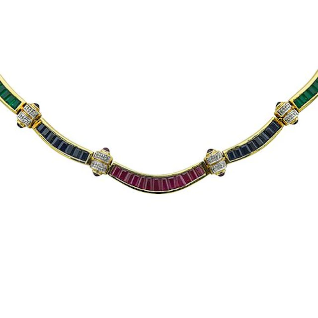18K Yellow Gold, Sapphire, Emerald, and Ruby Link Collar Necklace