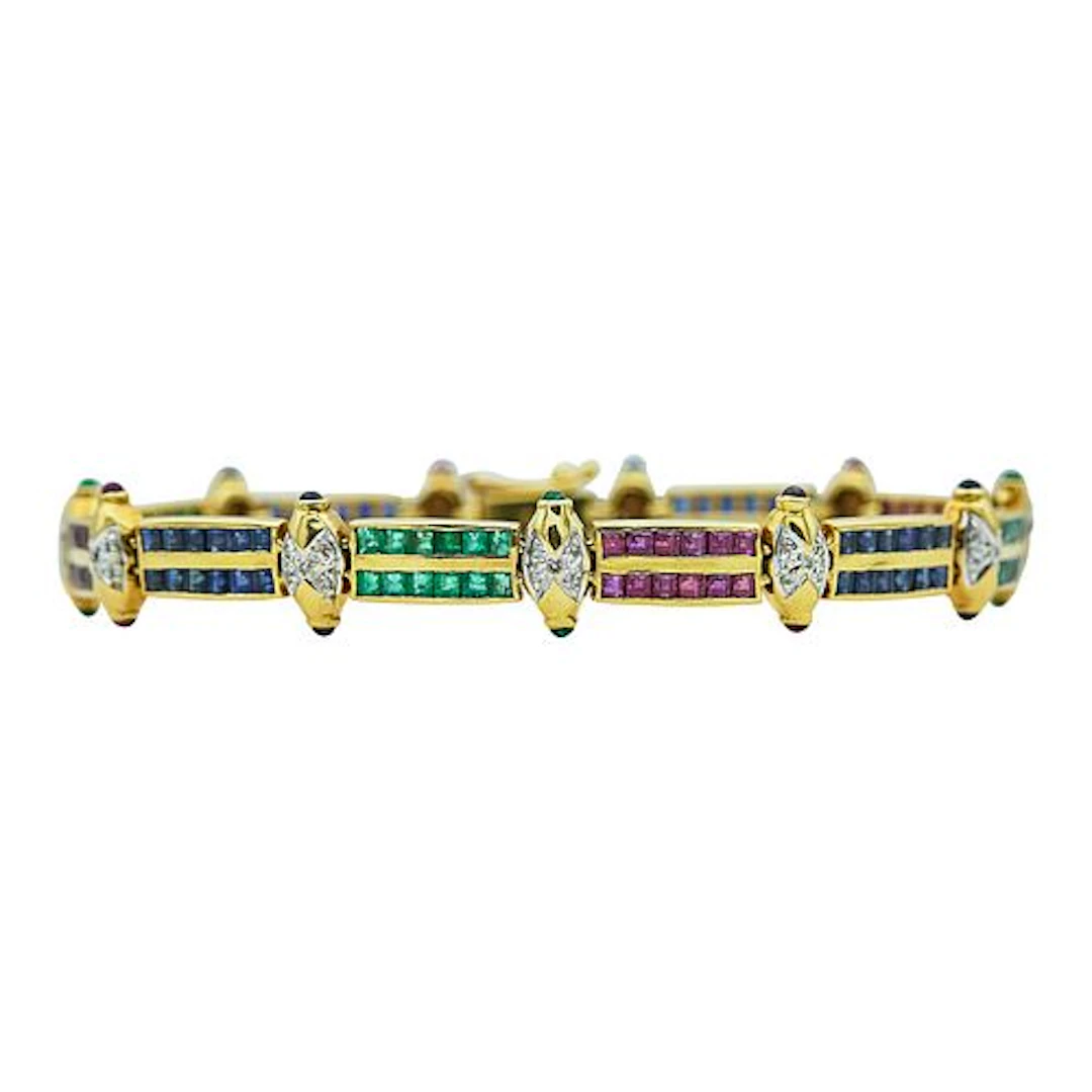 18K Yellow Gold, Sapphire, Emerald, Ruby, and Diamond Link Bracelet