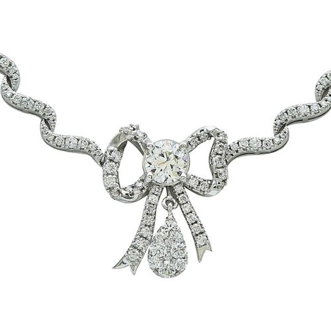 14K White Gold and Diamond Bow Necklace
