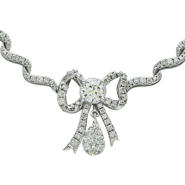 14K White Gold and Diamond Bow Necklace