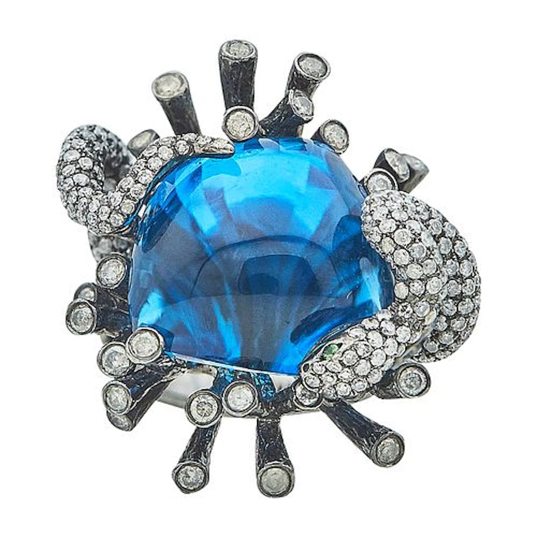 Enzo 18K Black Gold, Topaz, Diamond Pave, and Garnet Snake Cocktail Ring