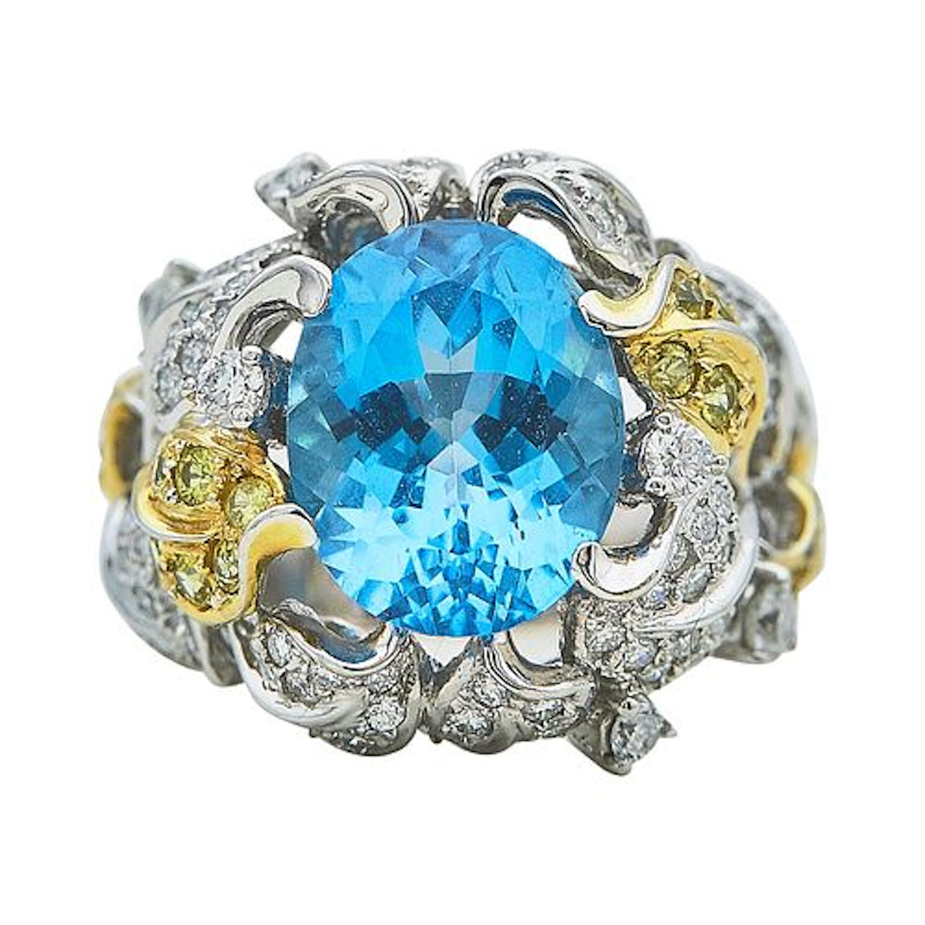 Platinum, 18K Yellow Gold, Topaz, Yellow & White Diamond Cocktail Ring