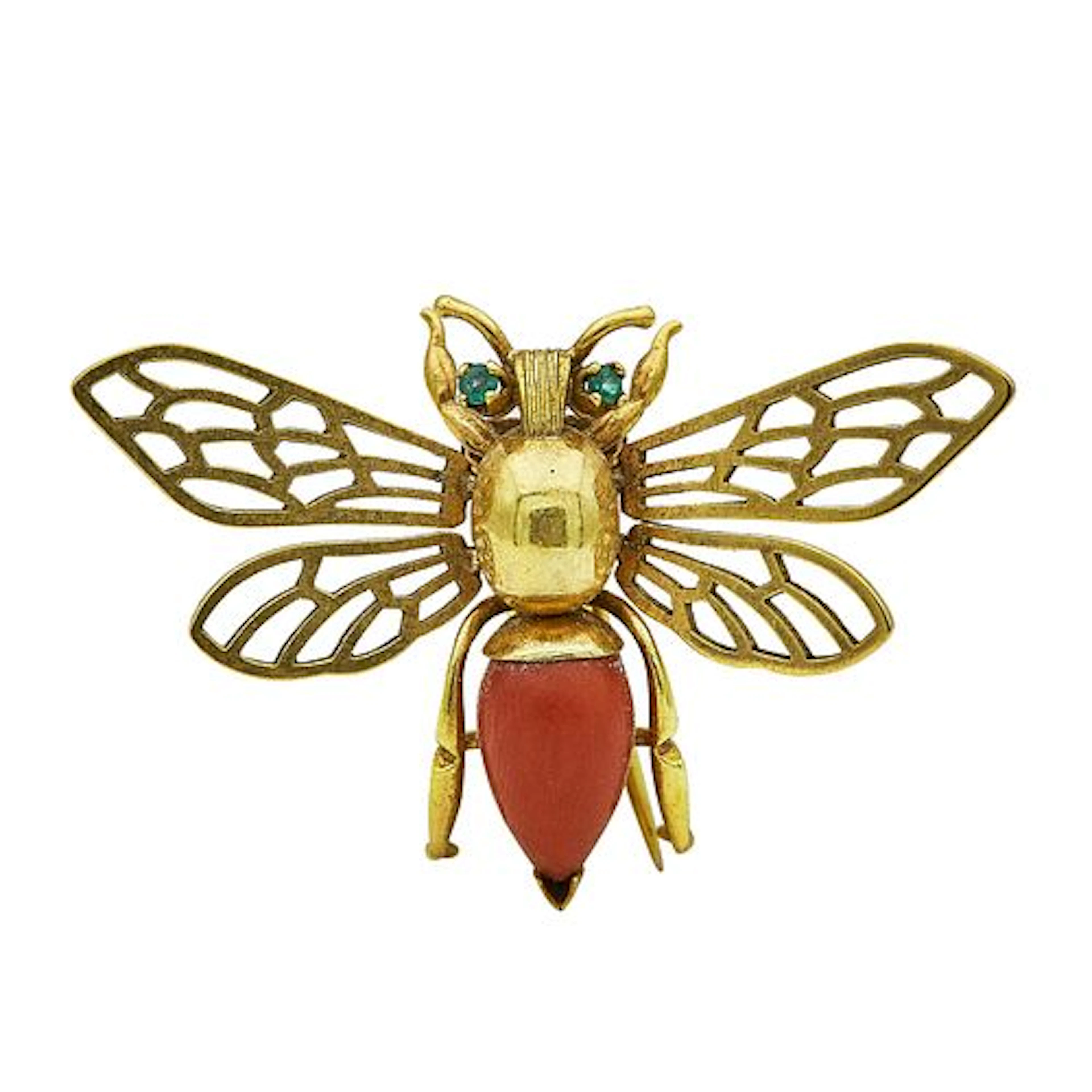 18K Yellow Gold, Coral Stone, and Emerald Bug Pin