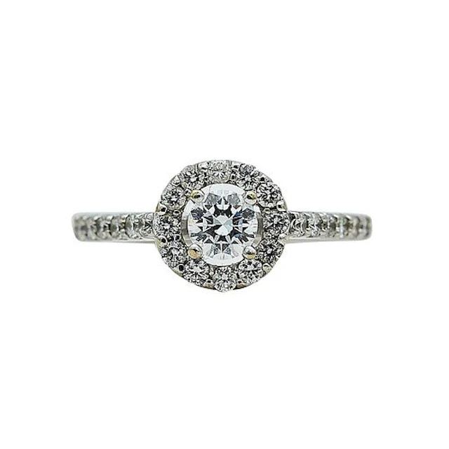 14K White Gold and Round Cut Diamond Halo Engagement Ring