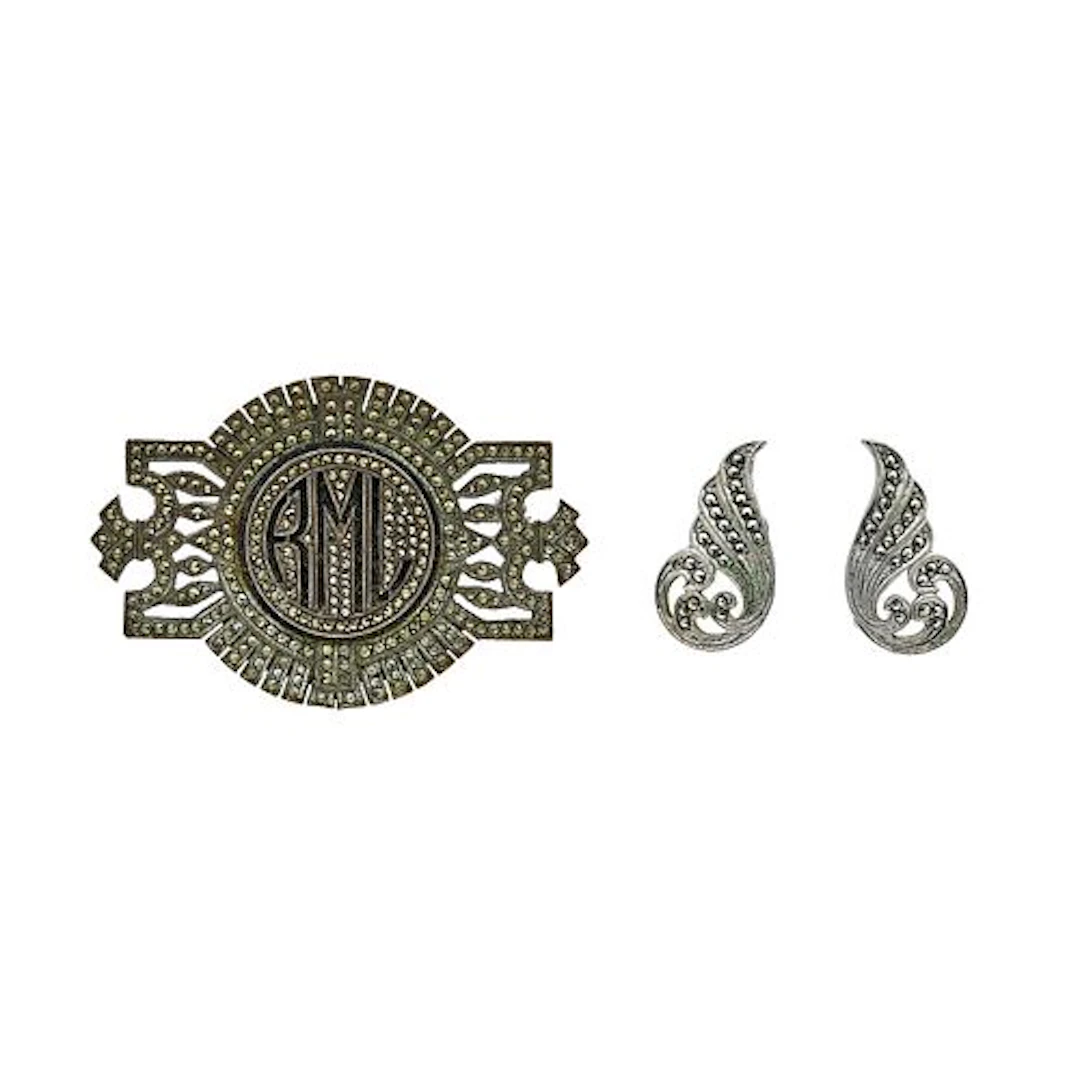 Sterling Silver Earrings and Monogramed Brooch Set