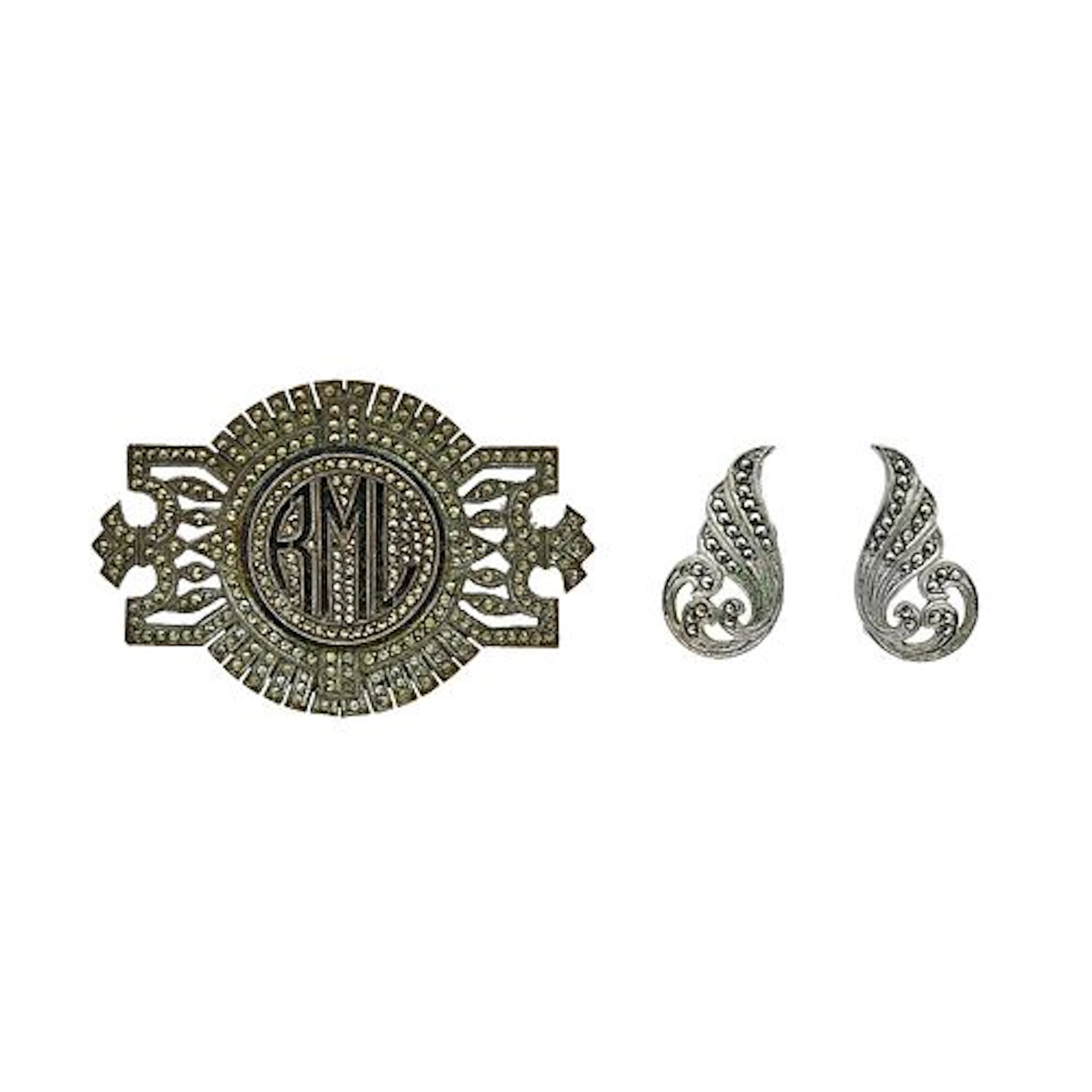 Sterling Silver Earrings and Monogramed Brooch Set
