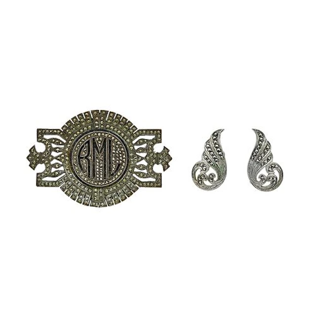Sterling Silver Earrings and Monogramed Brooch Set