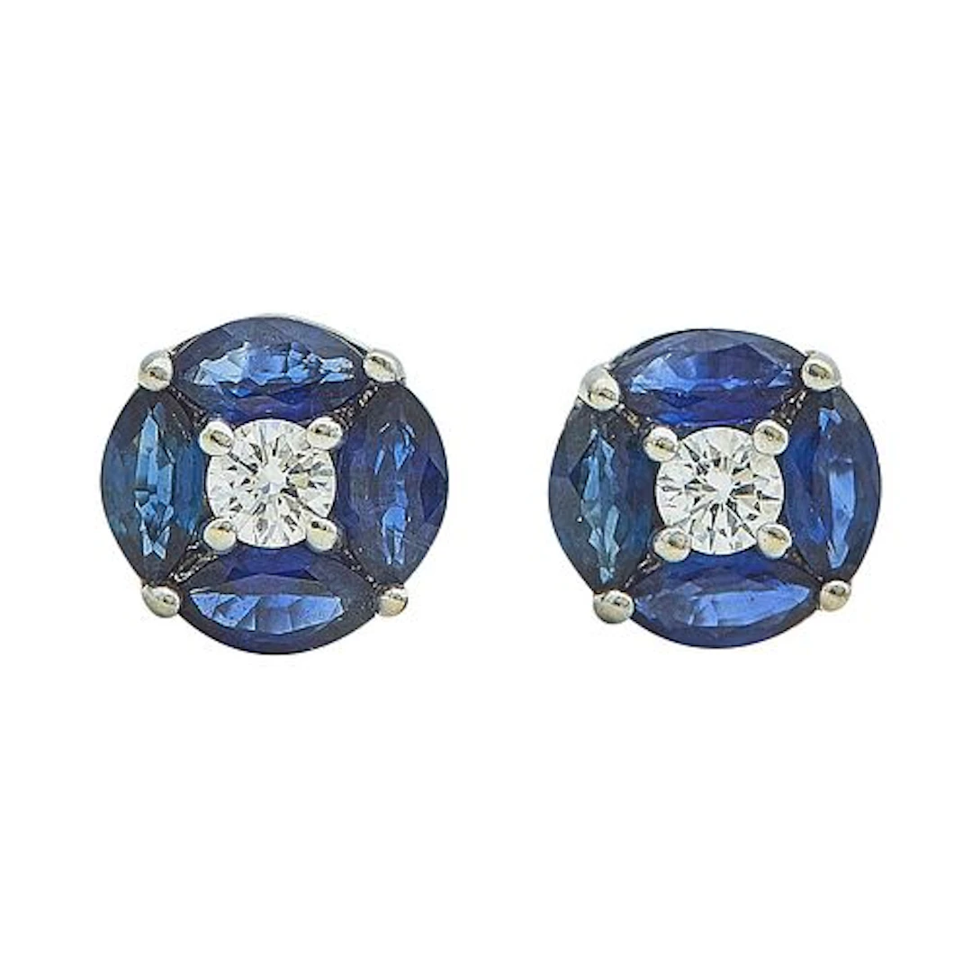 14K White Gold, Diamond, and Sapphire Stud Earrings