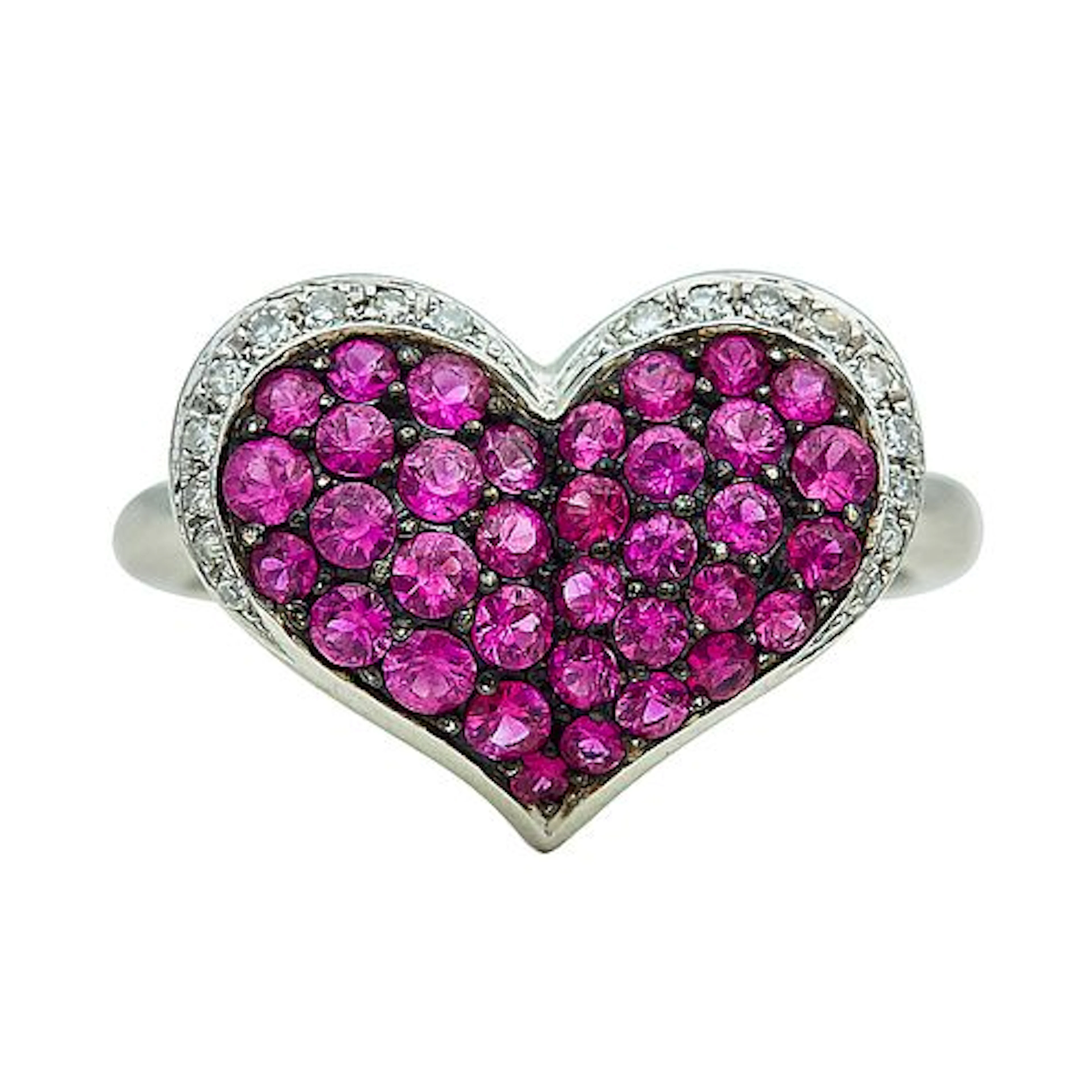 14K White Gold, Diamond, and Ruby Heart Ring