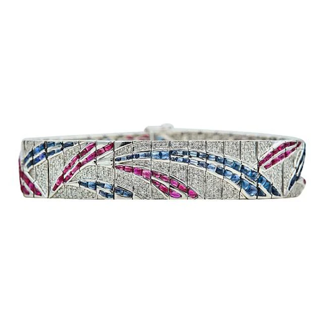 18K White Gold, Diamond, Ruby, and Sapphire Link Bracelet