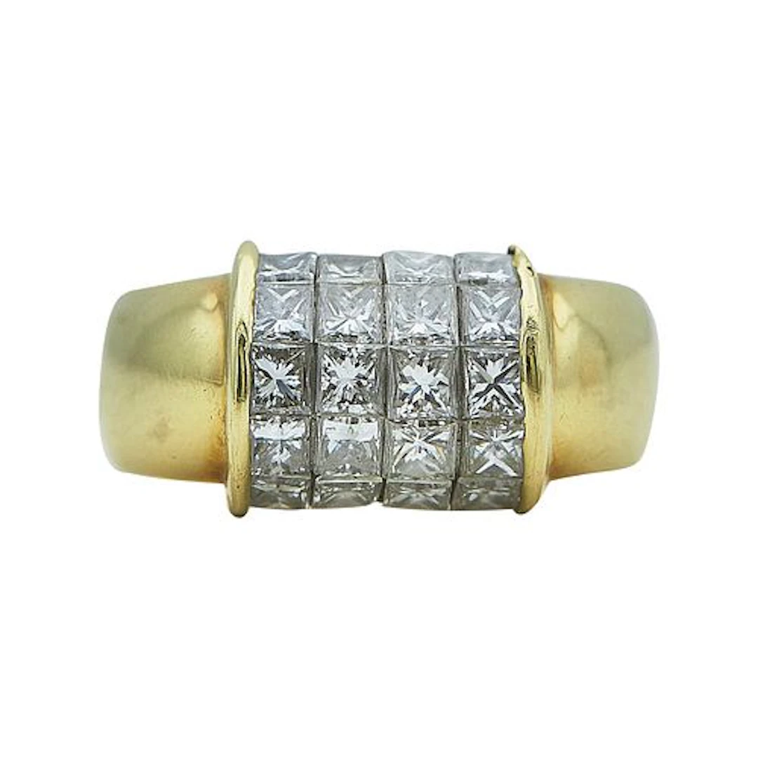 Quadrillion 18K Yellow Gold and Carre Diamond Pave Domed Band Ring