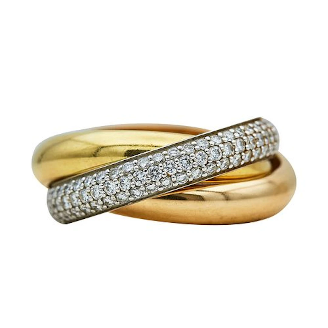 Cartier Trinity 18K Tri-Color Gold and Diamond Pave Ring