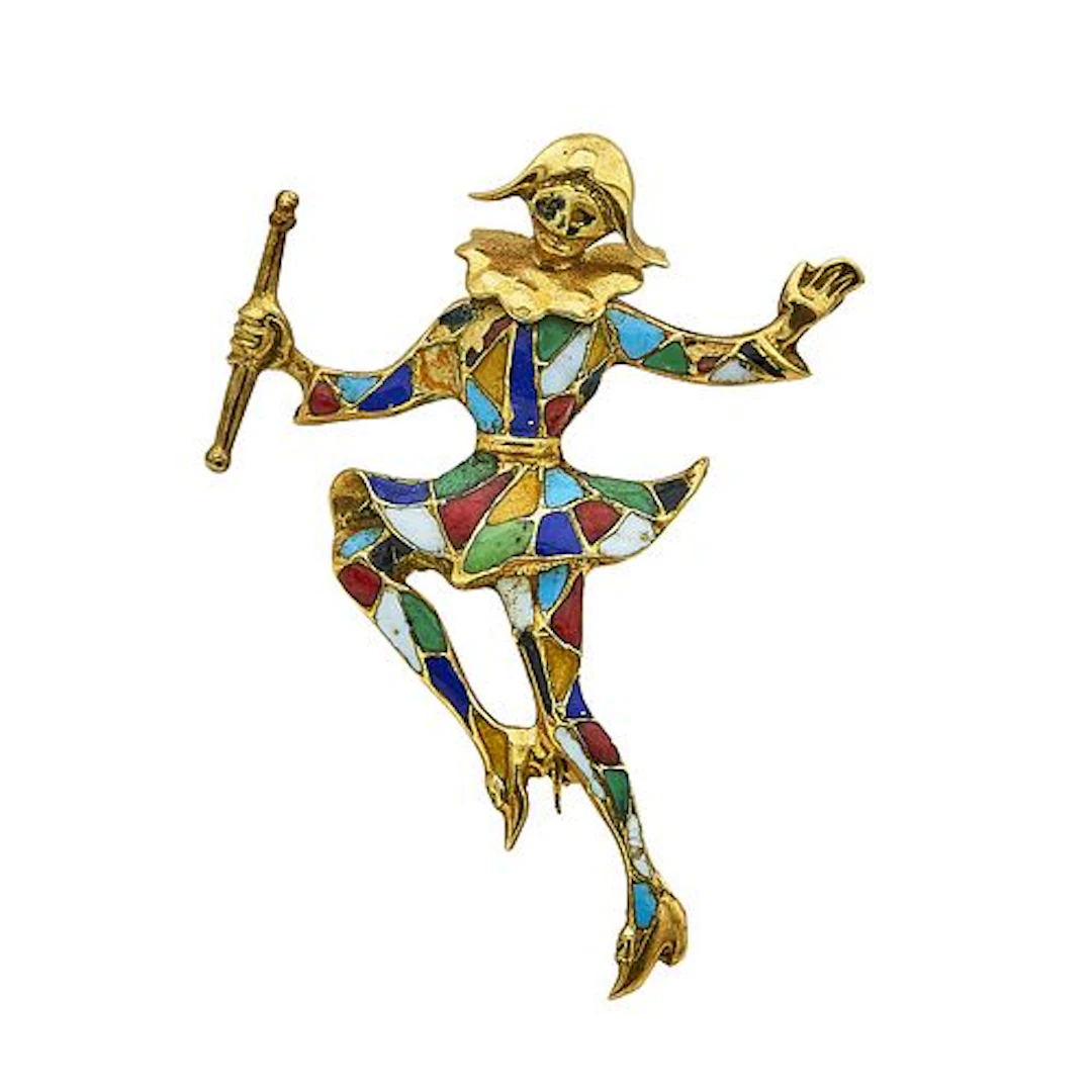 18K Yellow Gold and Multi-Colored Enamel Jester Pin