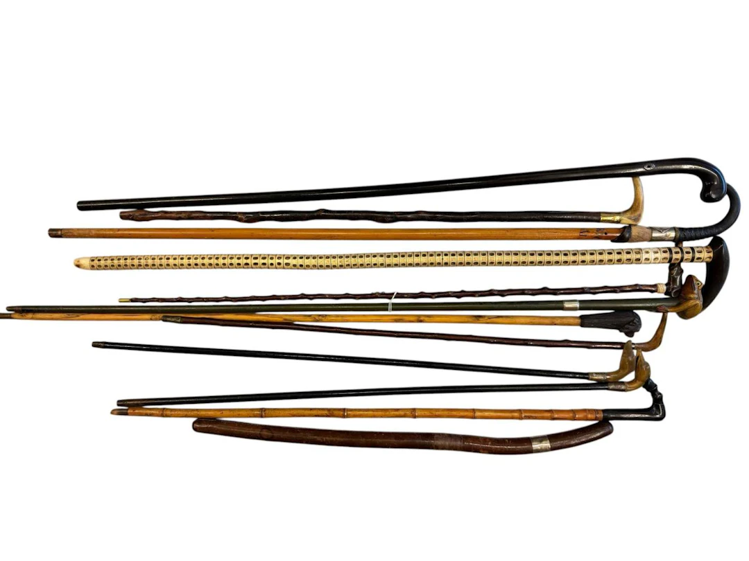 Collection of canes and sticks including frog and dog handled, horn